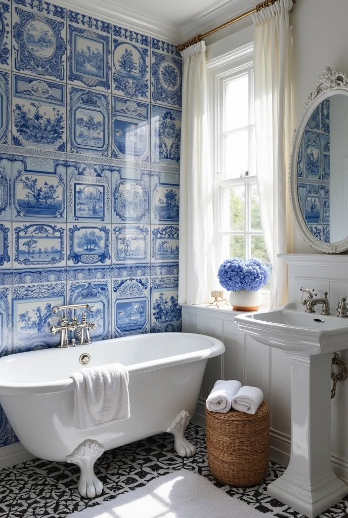 bathroom captured from a wide-angle, slightly elevated portrait viewpoint, showcasing a serene and elegant space anchored by a bold Delft blue accent wall. The accent wall is fully covered with glossy Delft blue and white ceramic tiles featuring intricate floral and geometric patterns inspired by classic Dutch ceramics, creating a rich tapestry of deep blues and crisp whites. The remaining walls are painted soft matte white, providing a clean and calming contrast.

A white vintage-inspired freestanding bathtub with clawfoot legs sits centered against the tiled wall. To the right, a matching white porcelain pedestal sink with chrome vintage-style fixtures adds timeless charm. Above the sink, an oval mirror with an ornate white frame reflects soft natural light pouring through a frosted window on the adjacent wall. The floor is laid with classic black and white hexagonal tiles in a subtle pattern. A woven rattan basket holds plush white towels near the tub, and a small ceramic vase with fresh blue hydrangeas sits on a wooden stool beside the bathtub. Soft white linen curtains hang loosely, filtering the sunlight gently. The overall atmosphere is fresh, elegant, and nostalgic, with the Delft blue accent wall as the captivating centerpiece.
