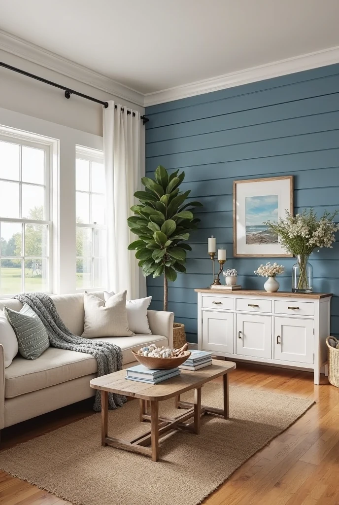 living room captured from a wide-angle, slightly elevated portrait viewpoint, showcasing a bright space centered around a bold blue shiplap accent wall. The accent wall features horizontally installed wooden shiplap panels painted in a rich coastal blue with a matte finish, creating subtle shadows and texture that evoke the sea and sky. The surrounding walls are painted soft white, enhancing the freshness and casual charm of the room.

Against the accent wall, a light beige linen-upholstered sofa is adorned with plush cushions in soft whites, muted blues, and a textured knit throw. A natural jute rug anchors the seating area atop warm honey-toned hardwood floors. In front of the sofa, a reclaimed wood coffee table holds a driftwood bowl filled with seashells, a stack of coastal-themed books, and a small ceramic candle holder. To the right, a white-painted wooden sideboard with vintage brass hardware displays clear glass vases with fresh greenery, white flowers, and a framed nautical print. A woven rattan basket with a folded cozy blanket sits nearby. Large windows to the left flood the room with natural light, filtered through sheer white curtains gently billowing in a soft breeze. A tall fiddle leaf fig tree in a woven basket adds a lively green accent near the window. The overall ambiance is inviting, layered, and relaxed, with the textured blue shiplap accent wall providing a distinctive coastal cottage feel.