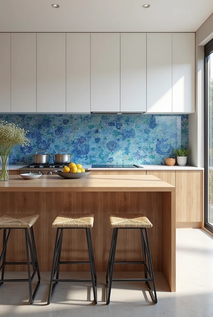 modern kitchen captured from a wide-angle, slightly elevated portrait viewpoint, showcasing a spacious layout centered around a bold blue mosaic tile accent wall used as a backsplash. The backsplash spans the entire length of the cooking area behind the stove and countertops, featuring intricate mosaic tiles in varying shades of blue—from soft sky blue through cobalt to deep indigo—that create a dynamic, shimmering surface with subtle light reflections and depth. Above, sleek white cabinetry with minimalist hardware contrasts crisply against the vibrant backsplash, while lower cabinets in warm natural wood tones add organic warmth and balance.

In the foreground, a large wooden butcher block island with a smooth, natural finish offers a warm, tactile contrast to the glossy backsplash. The island is adorned with a simple ceramic fruit bowl filled with fresh lemons and a small vase of wildflowers. Three modern stools with woven rattan seats and black metal legs are neatly tucked under the island. Stainless steel appliances gleam softly, complementing the clean lines of the space. Large windows to the side fill the kitchen with natural daylight, illuminating the blue mosaic and enhancing the room’s fresh, modern, and inviting atmosphere.