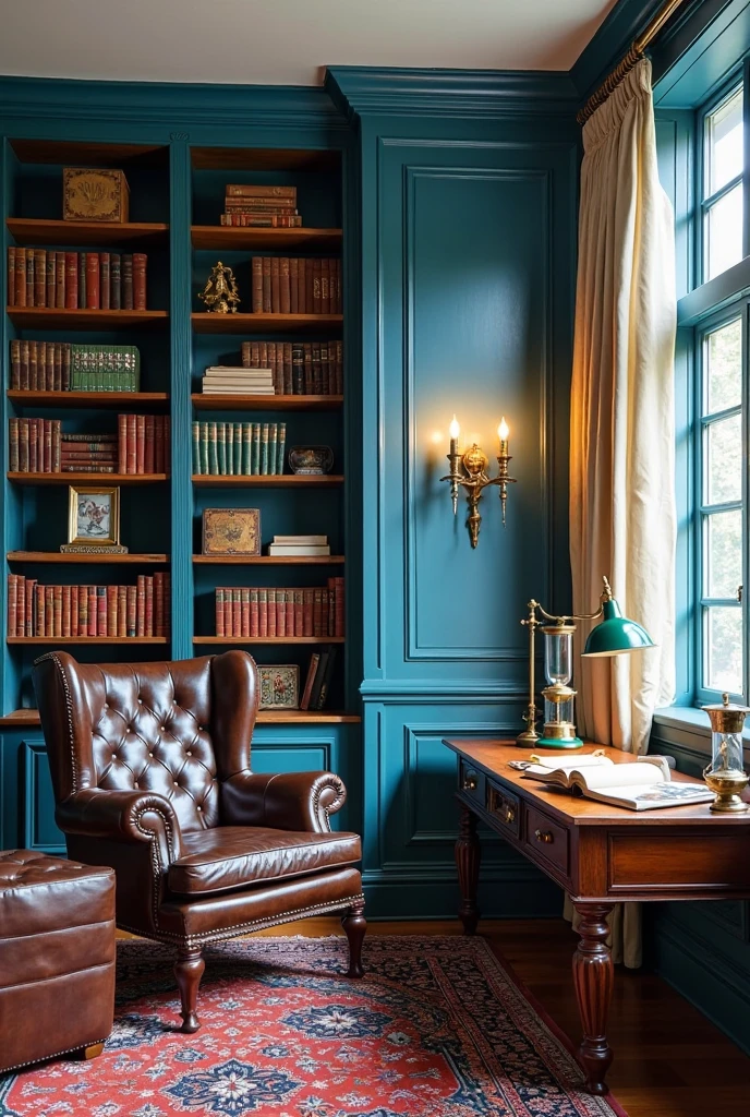 home library captured from a wide-angle, slightly elevated portrait viewpoint, showcasing a cozy and inviting room dominated by a bold cerulean blue accent wall. The accent wall features a smooth matte finish in a vibrant yet calming cerulean shade that radiates cheerful sophistication. Floor-to-ceiling dark wood bookshelves line the accent wall, filled with neatly arranged books, vintage leather-bound volumes, and tasteful decorative objects.

In front of the wall, a classic dark brown leather wingback chair with tufted detailing invites relaxation and focus. A matching leather ottoman sits nearby. To the right, a polished wooden reading table holds an open book, a brass desk lamp with a green glass shade casting warm light, and a vintage brass hourglass. Brass sconces with soft warm bulbs are mounted on the blue wall, adding ambient glow. The floor is covered with a richly patterned Persian rug in deep reds and blues, complementing the cerulean tone. Large windows on the adjacent wall bring in natural light filtered through sheer cream curtains. The overall atmosphere is warm, focused, and timeless, with the cerulean accent wall creating a vibrant yet serene backdrop perfect for reading and contemplation.