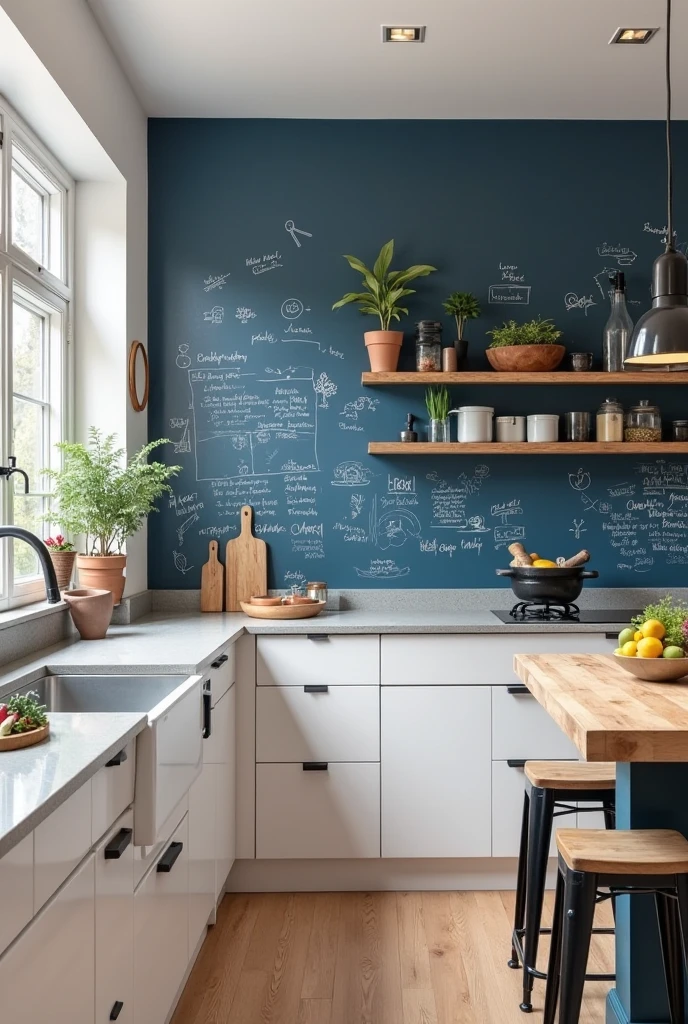 kitchen captured from a wide-angle, slightly elevated portrait viewpoint, showcasing a vibrant space anchored by a bold blue chalkboard accent wall. The accent wall is painted in deep navy blue chalkboard paint, with a smooth matte surface textured subtly for chalk use. Handwritten notes, recipe sketches, and playful doodles in white chalk cover portions of the wall, adding personality and a lived-in feel. The other walls are painted soft warm white, creating contrast that highlights the chalkboard surface as the room’s focal point.

Below the chalkboard wall, sleek white cabinetry with minimalist black hardware runs along the length, topped with pale gray quartz countertops. A stainless steel farmhouse sink is centered beneath a large window that fills the kitchen with natural daylight. A wooden open shelf with potted herbs and glass jars hangs above the sink, adding warmth and greenery. In front of the accent wall, a natural wood butcher block island with black metal legs holds a bowl of fresh fruit and a mortar and pestle. Two simple black stools with wooden seats tuck neatly under the island. Light oak flooring and soft, warm recessed lighting complete the inviting, functional atmosphere where style meets creativity.