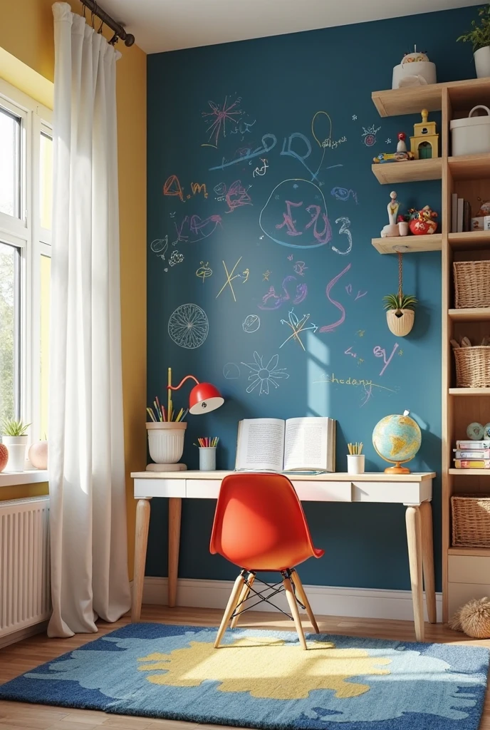 kids’ study area captured from a wide-angle, slightly elevated portrait viewpoint, showcasing a bright, cheerful corner dominated by a bold blue chalkboard accent wall. The accent wall is painted in deep navy blue chalkboard paint with a smooth matte surface featuring colorful chalk drawings, letters, numbers, and playful doodles scattered across its surface, inviting creativity and learning. The other walls are painted soft pastel yellow, providing a warm, uplifting contrast that highlights the chalkboard wall as the room’s focal point.

A white wooden desk with rounded edges sits flush against the chalkboard wall, topped with open books, colored pencils in jars, and a small globe. A cozy ergonomic kid-sized chair in bright red adds a pop of color. Shelves above the desk hold neatly organized toys, educational materials, and baskets for storage. On the floor, a soft patterned rug in blues and yellows provides a comfortable play area. Large windows on the adjacent wall let in natural light filtered through light white curtains. The overall atmosphere is playful, focused, and inspiring, with the bold blue chalkboard accent wall encouraging imagination and learning.