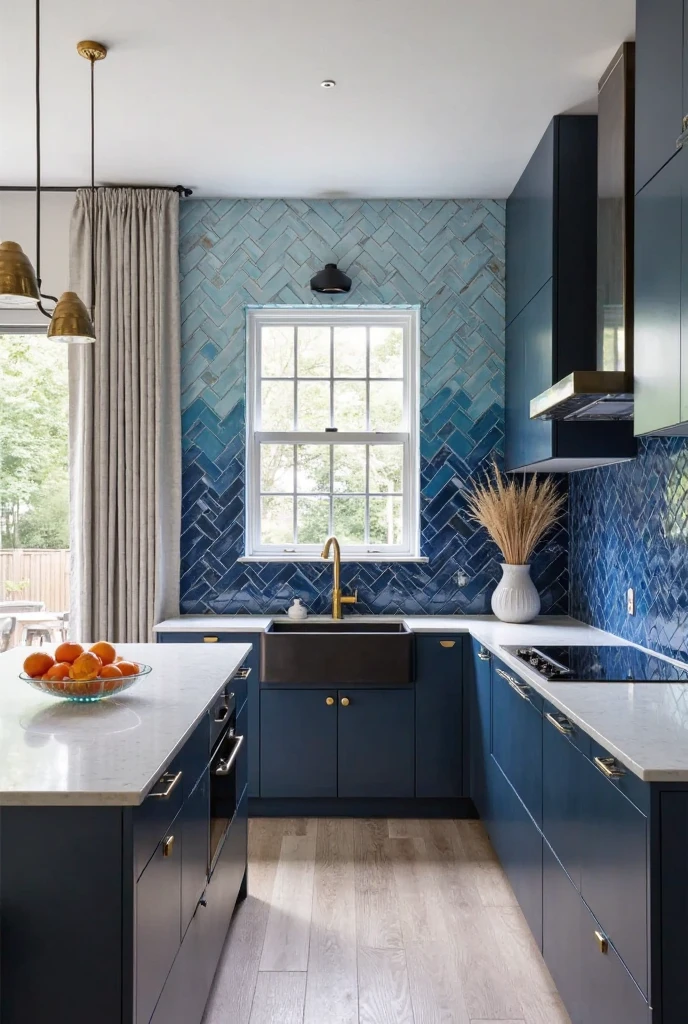 kitchen captured from a wide-angle, slightly elevated portrait viewpoint, showcasing a stylish space centered around a bold blue herringbone tile accent wall. The accent wall features glossy ceramic tiles arranged in a precise herringbone pattern, displaying a gradient of blue shades from deep navy through cobalt to soft sky blue, creating dynamic visual movement and artisanal sophistication. The tile wall extends from countertop to ceiling behind a sleek modern black induction cooktop set flush into the white quartz countertop.

Below, flat-front matte navy cabinetry with brushed gold handles contrasts elegantly with the smooth white quartz countertops featuring subtle shimmer. A deep black apron-front sink with a gold gooseneck faucet sits beneath a large window framed by light gray linen curtains, allowing natural light to brighten the vibrant tile wall. In the foreground, a minimalist white kitchen island with clean lines holds a modern glass fruit bowl filled with fresh oranges and a sculptural ceramic vase with dried pampas grass. Wide plank light gray hardwood flooring completes the space, creating a sophisticated, modern kitchen with artisanal charm.