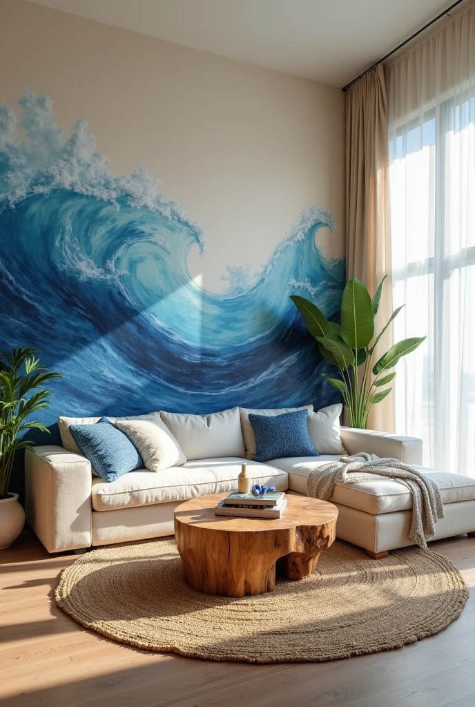 living room captured from a wide-angle, slightly elevated portrait viewpoint, showcasing a spacious room anchored by a bold blue mural accent wall. The accent wall features a large-scale hand-painted mural depicting an abstract ocean scene with flowing waves in varying blue hues, from deep sapphire to soft turquoise, accented with delicate white foam details. The mural’s artistic brushstrokes add texture and depth, making the wall a stunning focal point that fills the room with movement and creativity.

The remaining walls are painted in a soft warm beige, creating a neutral backdrop that enhances the vivid mural. A low-profile cream sectional sofa faces the mural, adorned with textured throw pillows in shades of blue and sandy beige. A natural wood coffee table with a live edge sits atop a woven jute rug, adding earthy warmth. Large windows dressed with sheer white curtains flood the room with natural light, illuminating the mural’s vibrant colors. A few potted plants in ceramic pots punctuate the corners, bringing life and freshness. The overall atmosphere is artistic, serene, and inviting, with the blue mural accent wall defining the room’s unique personality.