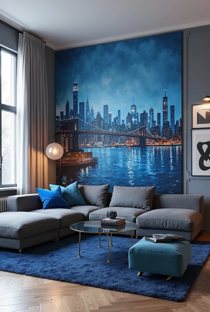 living room captured from a wide-angle, slightly elevated portrait viewpoint, showcasing a spacious room centered around a bold blue mural accent wall. The accent wall features a large-scale hand-painted cityscape mural in varying shades of blue—from deep navy to bright cerulean—with detailed skyscrapers, bridges, and abstract reflections that create dynamic depth and urban energy. The mural’s intricate brushwork and subtle white highlights evoke twilight city lights shimmering on water, making the wall a captivating focal point.

The other walls are painted soft warm gray, providing a calm neutral backdrop that accentuates the mural’s vibrancy. Facing the mural, a sleek low-profile charcoal gray sectional sofa with clean lines is accessorized with velvet cushions in cobalt blue and steel gray. A modern glass coffee table with black metal legs rests on a plush dark blue area rug, adding texture and cohesion to the palette. Industrial-style black floor lamps with exposed bulbs flank the seating area. Large windows dressed with sheer gray curtains softly filter natural light, enhancing the mural’s mood. Minimalist black-framed abstract art hangs on adjacent walls, completing a sophisticated urban living space defined by the striking blue cityscape accent wall.