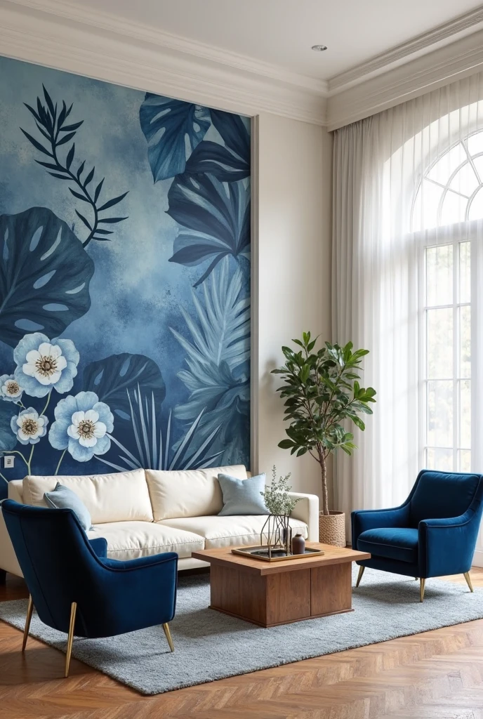 living room captured from a wide-angle, slightly elevated portrait viewpoint, featuring a spacious room with a bold blue mural accent wall adorned with large botanical elements. The mural depicts oversized tropical leaves and delicate flowers in varying shades of blue—from deep indigo to soft sky blue—with subtle gradients and white highlights that add depth and a sense of natural movement. The artistic brushstrokes create a serene, lush atmosphere that transforms the wall into a calming focal point.

The surrounding walls are painted in a soft creamy white, providing a warm, neutral backdrop that enhances the mural’s vibrant blues. Positioned facing the mural, a sleek, low-profile cream leather sofa with clean lines anchors the seating area. A pair of modern navy blue velvet armchairs with brass legs flank the sofa, adding elegant contrast and texture. A rectangular walnut coffee table with minimalist design sits atop a soft gray wool rug, introducing warmth and grounding the space. Large windows with sheer white curtains allow gentle natural light to fill the room, accentuating the mural’s intricate details. The furniture arrangement and color palette harmonize perfectly with the botanical mural accent wall, creating a sophisticated and tranquil living space.