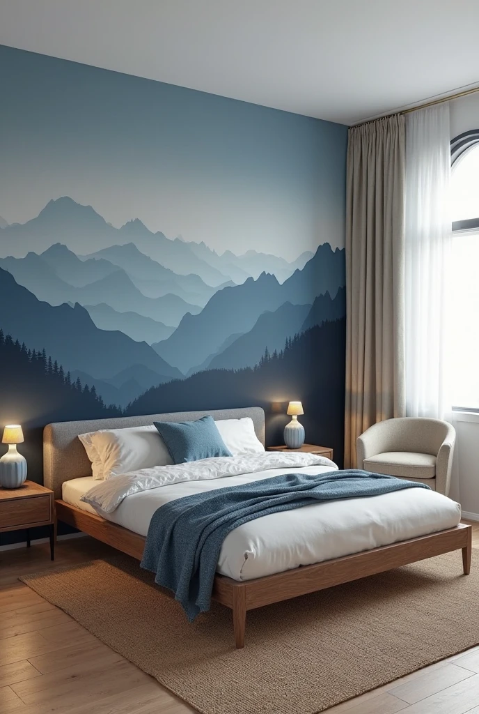 bedroom captured from a wide-angle, slightly elevated portrait viewpoint, centered around a bold blue accent wall painted with a highly realistic mountain silhouette mural. The mural spans the full wall behind the bed and depicts a natural mountain range using gradient tones—deep navy and charcoal in the foreground rising into softer slate and pale sky blue peaks in the distance. The mountains are rendered with subtle texture and realistic contouring, giving the illusion of atmospheric depth, mist, and light diffusion across the ridgelines.

The queen-sized bed is positioned against the mural, featuring a low walnut wood frame and a soft gray upholstered headboard. Bedding includes crisp white sheets, a textured blue blanket, and layered pillows in cream and muted blue. On each side of the bed are slim wooden nightstands topped with ceramic lamps in pale blue, their warm light softly reflecting off the mural’s painted surface. A woven jute rug lies beneath the bed, grounding the room with natural texture. To the right, a reading nook includes a curved beige armchair and small wooden side table. Soft white curtains hang beside a large window, letting natural daylight wash gently over the mural, enhancing the illusion of a true mountain landscape within the room. The space feels calm, immersive, and deeply inspired by nature.
