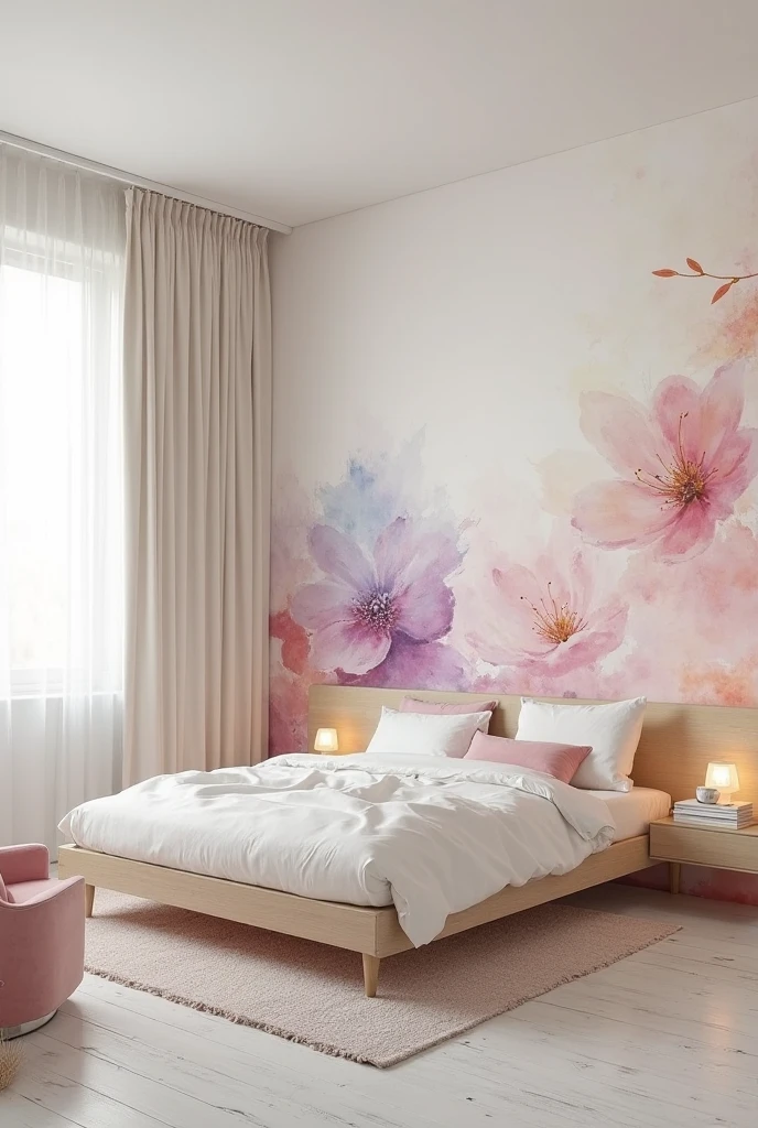 bedroom featuring a full watercolor accent wall with highly abstract floral forms. The wall spans the entire area behind the bed and is painted in sweeping, dreamy layers of pastel blush, lilac, pale gold, and powder blue. The flowers are not literal, but instead suggested through loose, fluid shapes—petal-like brushstrokes, gentle smudges, and overlapping translucent forms that flow across the wall like a breeze. The watercolor texture is soft and layered, with a milky ivory background that allows the colors to melt into one another. The bed is minimalist and low-profile, made of light natural wood, centered against the mural. It is styled with crisp white linen bedding and a mix of pastel throw pillows in soft, faded tones that echo the wall. Floating bedside shelves in matte white hold small sculptural lamps with frosted glass shades that cast a warm ambient glow. A pale woven rug lies beneath the bed on whitewashed wooden floors. To the left, a simple writing desk in light wood with clean lines holds a few stacked sketchbooks and a ceramic mug. A blush velvet accent chair with a rounded back adds softness to the corner. Tall sheer curtains in off-white gently filter daylight from a nearby window. Shot from a high corner angle in portrait format, the image captures the full mural and furnishings, creating an elegant, calming space that feels like a modern pastel daydream.