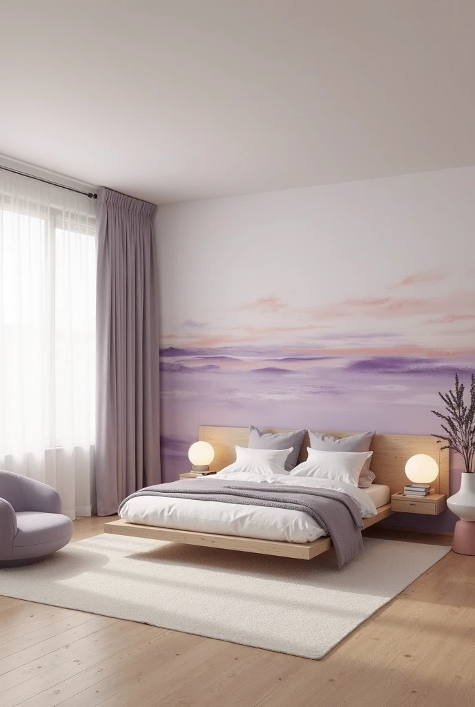bedroom featuring a soft and dreamy watercolor accent wall painted in horizontal strokes of lavender, warm gray, and soft peach. The mural spans the entire wall behind the bed, with delicate, blended layers that evoke the gentle glow of a twilight horizon. The brushstrokes are wide and airy, with soft edges and a flowing watercolor texture that creates a serene and expansive atmosphere. The bed is centered against the mural, featuring a low-profile platform frame in light oak wood and dressed in simple white linen bedding with a folded lavender throw and pale gray accent pillows. Floating nightstands in matching light oak hold sculptural white ceramic lamps with soft, diffused lighting. The floor is made of pale natural wood, partially covered by a large, light cream wool rug that adds texture and warmth. To the left, a tall window draped in sheer white curtains allows in soft natural light that highlights the pastel tones of the mural. A minimalist armchair in muted lilac with smooth curves sits in the corner beside a round side table in matte peach, holding a stack of books and a single glass vase with dried lavender stems. The image is shot from a high corner angle in portrait orientation, capturing the full mural and furnishings, creating a tranquil and elegant space that feels calm, balanced, and softly colorful.
