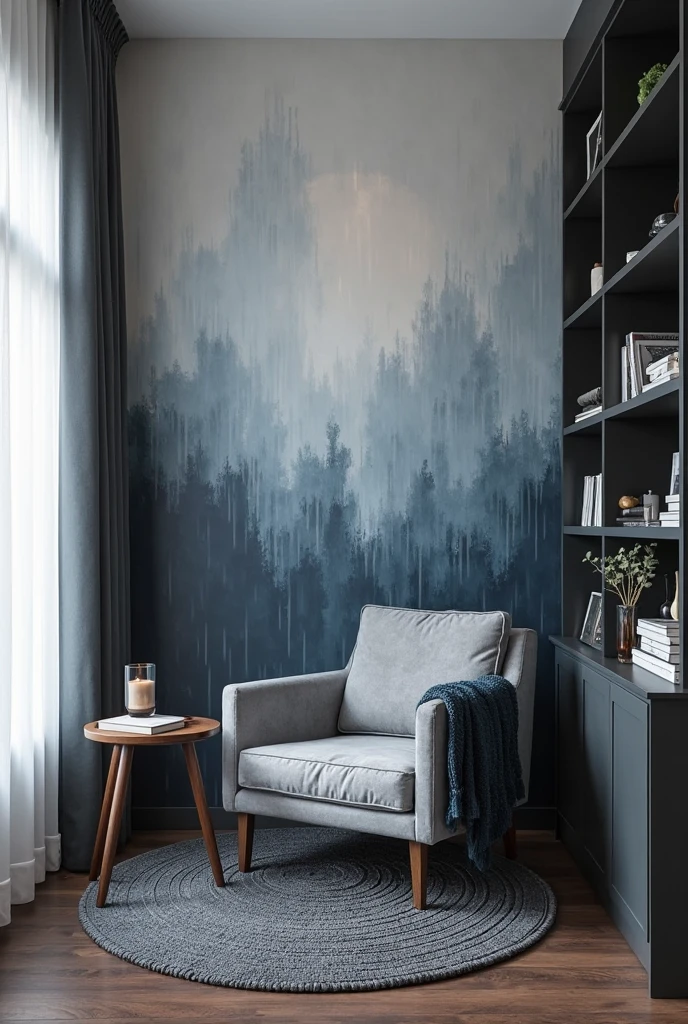 reading nook with a full watercolor accent wall that evokes the feeling of a rainy day. The entire wall is painted in flowing, layered strokes of blue-gray, navy, soft slate, and muted steel blue, resembling rain streaks against a misty window. The watercolor texture is soft and moody, with gentle vertical movement and slightly blurred edges, creating a calming, introspective atmosphere. A plush, deep-seated armchair in soft gray velvet is placed near the center of the mural, angled slightly to the side, with a cozy knitted navy throw draped over the arm. A small round side table in dark walnut sits beside it, holding a warm mug, a flickering candle in a smoky glass holder, and a closed book. The floor is a matte dark wood, with a thick woven rug in charcoal gray anchoring the space. To the left, a tall window framed in sheer slate-colored curtains lets in diffused, cool daylight that enhances the rainy ambiance. On the right, built-in shelves in matte black hold more books, a small ceramic vase with eucalyptus stems, and a few personal objects in muted tones. The image is shot from a high corner angle in portrait orientation, capturing the full mural, seating area, and surrounding details, creating an intimate, peaceful setting that feels like the perfect place to spend a quiet, rainy afternoon.
