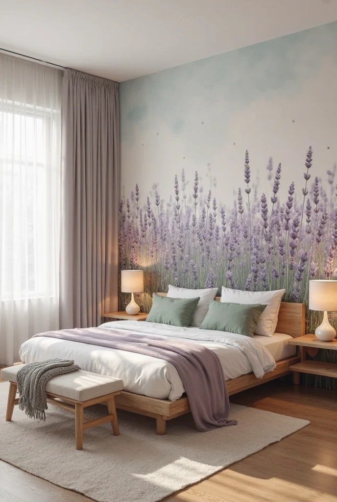 bedroom featuring a unique watercolor accent wall inspired by a lavender field swaying in the breeze. Instead of a literal depiction, the mural takes an artistic, impressionistic approach—soft vertical strokes in layered shades of muted purple, dusty lilac, sage green, and hints of silver-gray suggest tall lavender stems moving gently in the wind. The stems fade in and out of focus, with some areas more abstract, giving the illusion of depth and motion. At the top of the wall, a delicate wash of pale blue and soft cream hints at an open sky, blending seamlessly with the earthy tones below. The bed, positioned centrally, features a low natural wood frame and is dressed in crisp white linen with a light lavender throw casually draped across the foot and two sage green pillows. Floating wooden nightstands hold small ceramic lamps with frosted glass shades casting warm ambient light. The floor is made of light oak, with a soft cream wool rug underfoot. To the left, a tall window framed by sheer white curtains lets in gentle daylight, illuminating the mural’s subtle texture. A small bench with a cushioned top and a folded knit blanket rests at the foot of the bed. Shot from a high corner angle in portrait orientation, the image captures the full mural and furnishings, creating a peaceful, poetic space that feels like the memory of a lavender field at dawn.