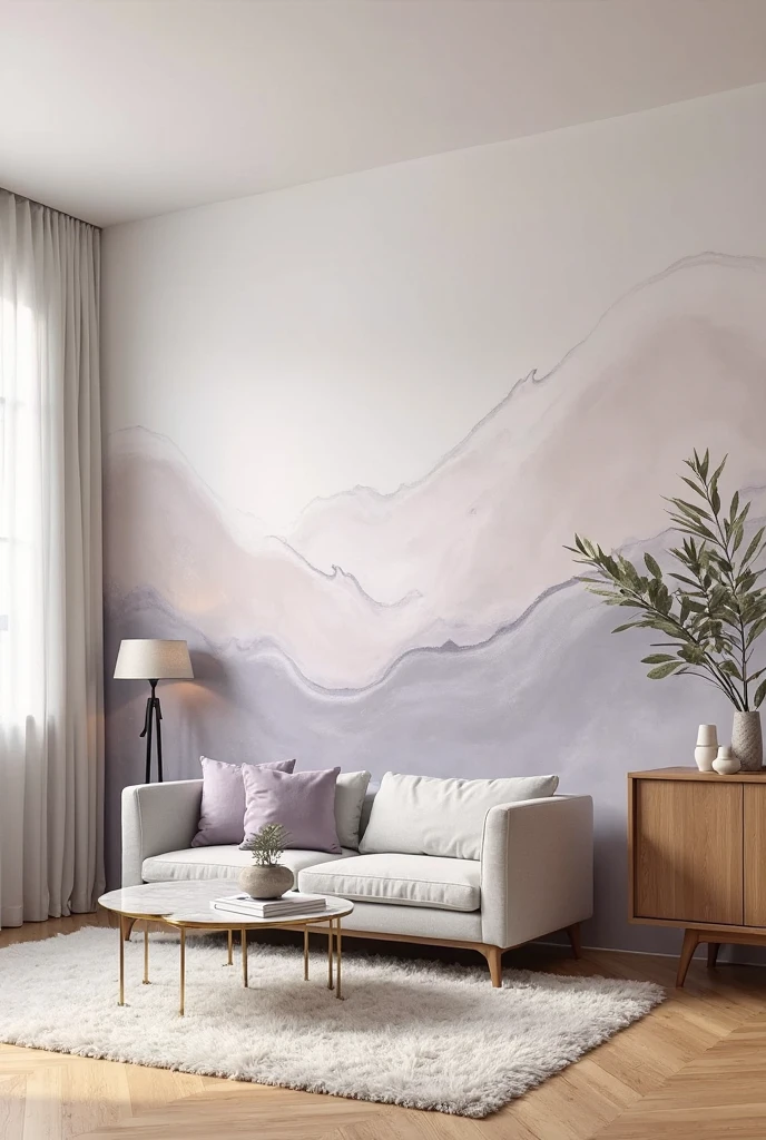 modern living room featuring a soft watercolor accent wall with a gentle abstract design. The entire wall is covered in delicate, flowing swoops and swirls painted in foggy gray, muted taupe, and faded lavender tones. The watercolor brushstrokes are light and translucent, blending seamlessly to create an understated, calming pattern that adds subtle texture without overwhelming the space. Against the mural, a low-profile light gray sofa with clean lines is centered, adorned with soft lavender and beige throw pillows. A minimalist white marble coffee table with slender gold legs sits in front, holding a small stack of books and a ceramic vase with eucalyptus branches. The floor is warm, light oak wood, partially covered by a plush ivory rug. To the right, a slender black floor lamp with a fabric shade casts a soft ambient glow. On the left, a large window dressed with sheer white curtains allows diffused natural light to brighten the room, highlighting the mural’s soft colors. A modern wooden sideboard with matte finish stands along the adjacent wall, decorated with abstract sculptures and a small potted plant. The image is shot from a high corner angle in portrait orientation, capturing the full mural and furnishings, creating a serene, sophisticated living space with an airy, artistic atmosphere.