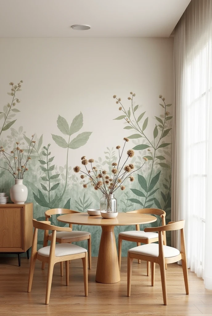 elegant dining room with a soft watercolor accent wall featuring large botanical silhouettes. The mural spans the entire wall and is painted in translucent layers of sage green, ivory, and pale brown, forming delicate outlines of oversized leaves and wildflowers. The watercolor effect gives the plants a pressed-flower look, softly fading at the edges for an airy, timeless feel. In front of the mural, a round natural wood dining table is centered in the space, surrounded by three curved-back chairs with light wood frames and ivory upholstery. The tabletop holds a simple glass vase with dried sage-colored stems and two ceramic bowls. To the left, a warm wood sideboard sits along the adjacent wall, decorated with a ceramic pitcher and stacked linen napkins. A tall window with sheer white curtains lets in soft, filtered light that enhances the mural’s earthy tones. The floor is smooth medium oak, left mostly bare. Shot from a high corner angle in portrait orientation, the image captures the soft, nature-inspired elegance of the room in full.