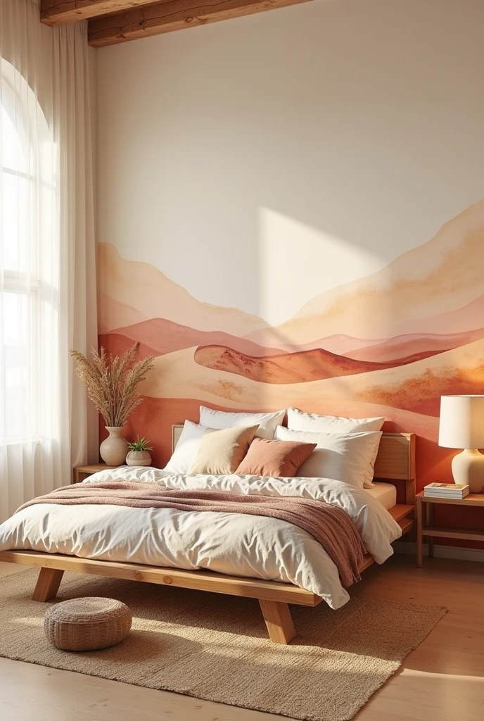 boho-inspired bedroom featuring a soft watercolor accent wall painted to resemble an open desert landscape. The mural stretches across the entire wall behind the bed, with flowing watercolor layers that depict rolling desert dunes in soft gradients of sand beige, muted terracotta, sun-faded coral, and warm blush. The dunes are abstract but recognizable, with gentle curves and shadowed contours that evoke depth and motion. Near the top of the mural, the colors fade into a hazy, open sky in pale peach and dusty cream, capturing the stillness of golden hour in the desert.

A low platform bed in warm natural wood sits centered against the mural, dressed in crinkled cream linen bedding with layered throws in clay and rose tones. A woven jute rug grounds the space beneath the bed on wide light oak flooring. On the left, a tall arched window with sheer white curtains allows golden daylight to filter across the dunes. On the right, a small rustic wood side table holds a ceramic lamp with a soft beige linen shade, a clay vessel with dried grasses, and two stacked books. A handcrafted bench with woven rattan seating rests at the foot of the bed. Shot from a high corner angle in portrait orientation, the image captures the full mural and furnishings, creating a calming, earthy space filled with the quiet poetry of the desert.