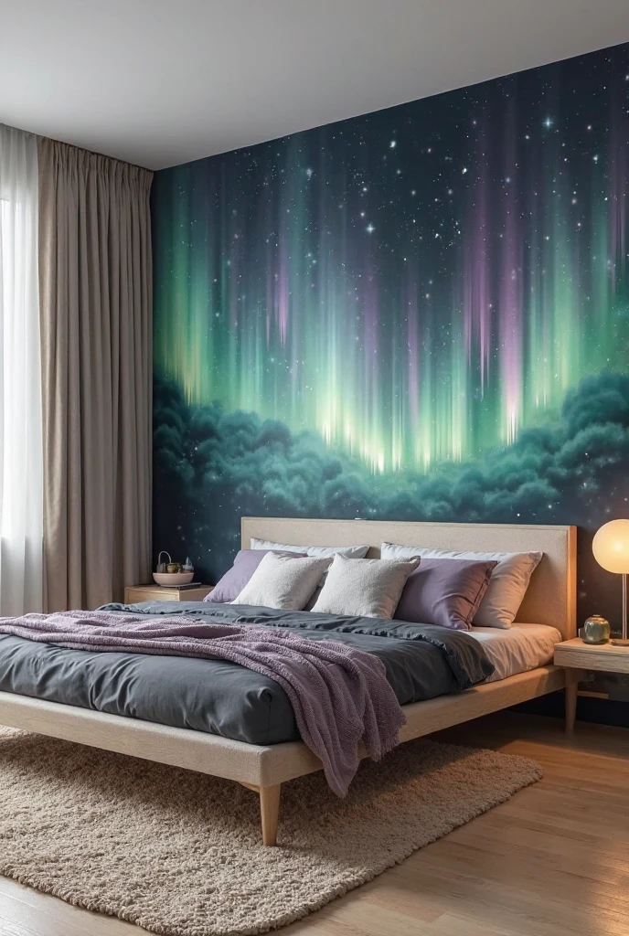 bedroom featuring a stunning watercolor accent wall designed to resemble an accurate aurora borealis. The mural spans the entire wall behind the bed, depicting a realistic northern sky at night with vertical ribbons of light in luminous shades of emerald green, icy blue, soft violet, and hints of pink. The colors rise from a dark horizon in wave-like arcs, gently fading into a deep navy sky above. Faint, delicate star clusters are scattered across the upper part of the mural, adding to the celestial feel. The watercolor technique gives the aurora a soft, glowing appearance, with light blending and overlapping in smooth, vertical motions, creating the illusion of natural movement.

In front of the mural, a bed with a light oak frame and a cushioned beige headboard sits centered in the room. The bed is dressed in soft charcoal gray bedding with layered throws in lavender and misty green. Six plush pillows—two white euro shams, two dusky blue standard pillows, and two smaller mauve accent pillows—create a cozy, inviting look. Beneath the bed lies a woven cream rug on light wood flooring. To the right, a floating nightstand holds a round frosted lamp, a ceramic bowl, and a book. On the left, a tall window with sheer curtains filters in natural light. Shot from a high corner angle in portrait orientation, the image captures the full mural and furnishings, creating a peaceful, awe-inspiring space that channels the magic of the northern lights.
