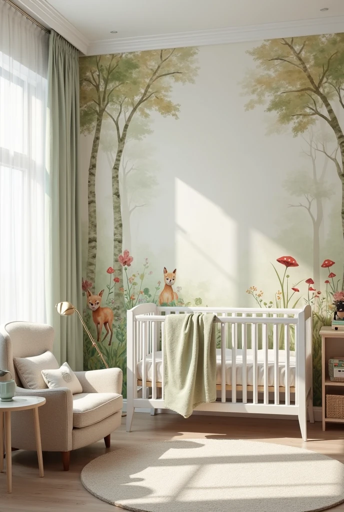 nursery featuring a soft and dreamy watercolor accent wall painted in a fairy tale woodland theme. The entire wall is covered in gentle washes of pale green, soft brown, and creamy beige, forming a faded forest scene with delicate layers of trees fading into the mist. Scattered throughout the mural are tiny, charming details: clusters of red-capped mushrooms at the base of trees, wildflowers peeking through tall grass, and soft silhouettes of woodland animals—a fox resting near a stump, a deer peeking from behind slender trunks, and a pair of rabbits nestled near a patch of clover. The watercolor brushstrokes are loose and light, giving the scene a dreamy, storybook atmosphere.

A white crib with vertical slats is positioned in front of the mural, dressed in neutral bedding with a light sage green blanket draped over the side. To the left, a soft beige armchair with a cloud-shaped pillow sits beside a natural wood side table holding a ceramic lamp and a small stuffed animal. A cream area rug with subtle floral patterns lies on pale wooden flooring. To the right, a low bookshelf displays picture books and woven baskets. Soft daylight streams in through a large window with sheer curtains. Shot from a high corner angle in portrait orientation, the image captures the full mural and room, creating a peaceful, magical space perfect for daydreams.