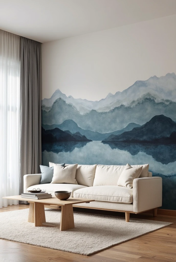 modern living room featuring a soft and dreamy watercolor accent wall painted in abstract horizontal strokes. The mural spans the entire back wall and resembles an ink-washed horizon, with wide, flowing bands of navy, deep indigo, muted teal, and soft slate gray. The colors bleed into one another like pigment drifting through water, creating an abstract scene that suggests distant mountains or rolling waves. The edges of each stroke are fluid and organic, with varying opacities and subtle textures that add depth and softness to the composition. The overall effect is calming, expansive, and quietly dramatic.

In front of the mural sits a contemporary cream-colored sofa with rounded arms and plush cushions, placed slightly off-center. A light wood coffee table with a simple design stands in front of the sofa, holding a ceramic bowl, a stack of books, and a small sculptural object. A pale woven rug covers the warm oak floor. To the left, a large window with sheer gray curtains filters in soft daylight. Shot from a high corner angle in portrait orientation, the image captures the full mural and furniture layout, creating a moody yet peaceful space that balances modern design with artistic softness.