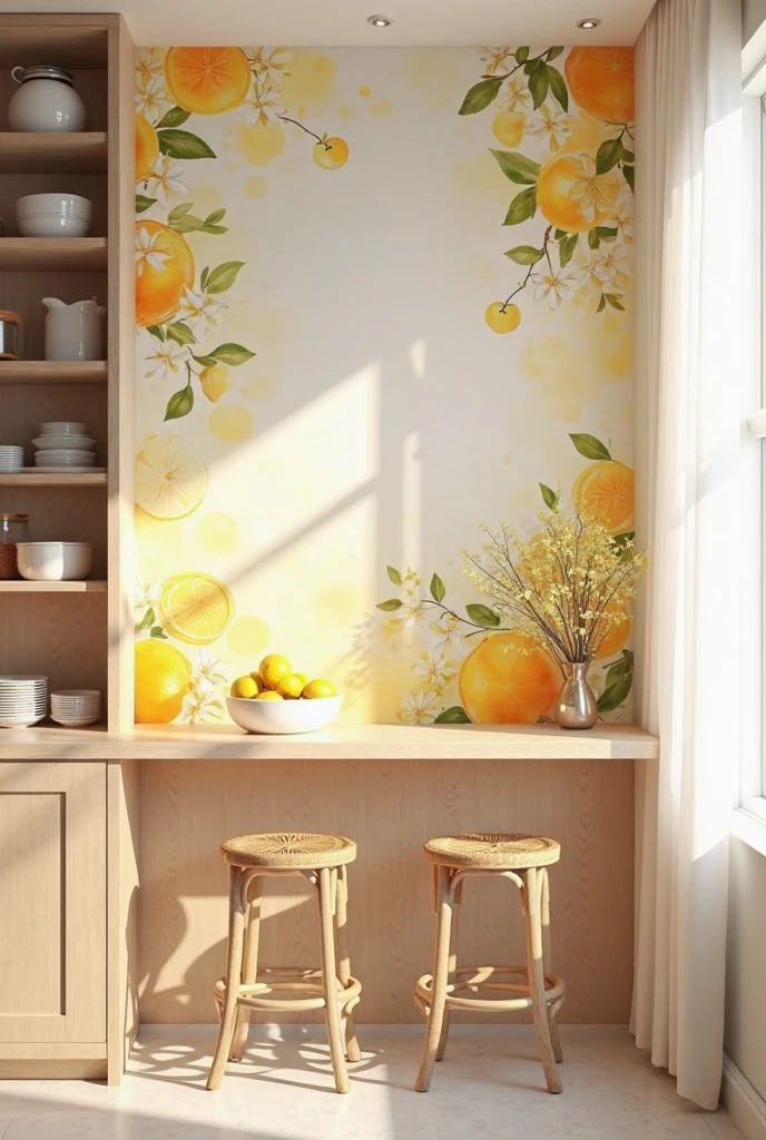 cheerful, sunlit kitchen featuring a soft and dreamy watercolor accent wall filled with citrus-themed mural. The mural covers the full wall behind a light wood breakfast counter and is painted in gentle, flowing watercolor strokes. Clusters of lemons and oranges with soft, rounded edges are scattered across the surface, accompanied by delicate white citrus blossoms and loose green leaves. The color palette features sunwashed yellows, warm creams, soft corals, and leafy greens, all rendered in a light, transparent style that gives the mural an airy, joyful feel. Some fruit slices are abstractly blended into the background, enhancing the dreamy, painterly quality.

A simple light wood counter with rounded edges sits in front of the mural, with a white ceramic bowl filled with fresh lemons placed on top. Two backless wooden stools with woven seats are tucked beneath the counter. The flooring is pale tile with a matte finish. To the left, open wooden shelves display white dishes and glass jars, while a tall window on the right lets in golden morning light filtered through sheer white curtains. Shot from a high corner angle in portrait orientation, the image captures the mural and furniture setup in full, creating a space that feels bright, playful, and refreshing.
