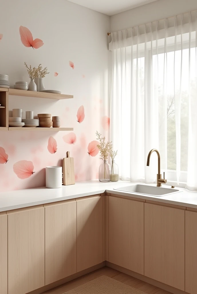 soft and airy kitchen featuring a dreamy watercolor accent wall inspired by drifting petals in the wind. The mural covers a full wall section beside the main cooking area where no backsplash is needed, creating a delicate focal point. Painted with abstract petal shapes in blush pink, soft coral, pale white, and warm beige, the petals float gracefully across a misty off-white background in varying sizes and transparencies, evoking gentle motion caught in a spring breeze. The watercolor brushstrokes are fluid and soft, giving the wall a poetic, airy feel.

Adjacent to the mural, a minimalist kitchen setup features pale wood cabinetry and a smooth matte countertop that wraps around the cooking zone but stops short of the mural wall. A white ceramic sink with a brushed brass faucet sits beneath a tall window dressed in sheer white curtains, flooding the space with diffused daylight. To the left of the mural wall, open wooden shelves hold neatly arranged white dishes, glassware, and blush-toned ceramics. The floor is light oak, and a narrow woven rug runs along the cabinets. Shot from a high corner angle in portrait orientation, the image captures the mural and kitchen layout, blending artistic softness with functional design seamlessly.