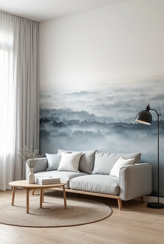 minimalist living room featuring a soft and dreamy watercolor accent wall that captures the subtle drama of an overcast horizon. The mural spans the entire back wall, painted with layered horizontal washes of cool grays, muted blues, and foggy whites. Each layer subtly shifts in tone and texture, with gentle wisps of mist and faint, blurred silhouettes of distant hills or treetops emerging softly from the haze. Fine watercolor granulation adds delicate speckles and variations, creating depth and visual interest while maintaining a calm, ethereal quality. The colors flow seamlessly into each other, evoking the quiet mood of a cloudy sky just before sunset.

In front of the mural, a low-profile Scandinavian-style sofa in light gray linen is centered, adorned with soft white and pale blue cushions. A simple wooden coffee table with rounded edges holds a ceramic vase with eucalyptus branches and a stack of books. The floor is pale oak with a textured natural fiber rug beneath the seating area. To the left, a tall window with sheer white curtains allows diffused daylight to gently illuminate the space. A minimalist floor lamp with a slender black frame stands nearby. Shot from a high corner angle in portrait orientation, the image captures the entire mural and furnishings, creating a peaceful, airy room that balances modern elegance with cozy simplicity.
