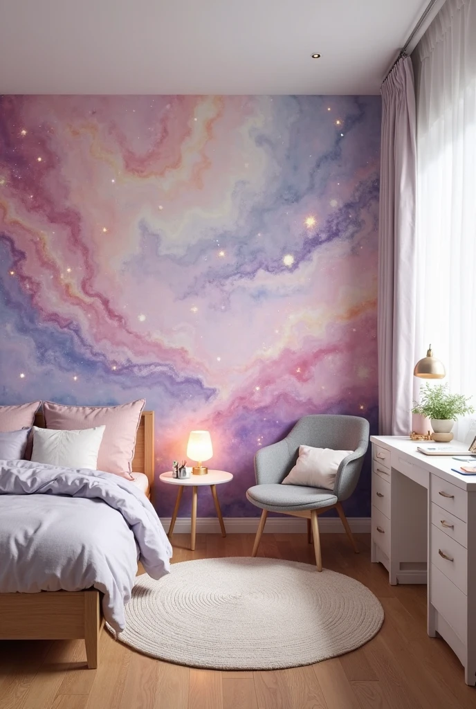 dreamy children’s bedroom featuring a soft and ethereal watercolor accent wall inspired by a swirling galaxy. The mural spans the entire back wall, painted with flowing, celestial swirls of dusty pink, soft violet, and pale blue that blend seamlessly into one another like glowing stardust floating in space. Wisps of translucent white and hints of shimmering silver create subtle highlights and the illusion of distant stars twinkling gently throughout the cosmic scene. The watercolor brushstrokes are fluid and airy, giving the mural a magical, otherworldly quality that feels expansive yet soft.

The bed is positioned against the left wall, featuring a low light oak frame with pale lavender bedding layered with plush pillows in blush pink, soft gray, and ivory. A small round bedside table with a soft-glowing lamp sits beside the bed. Across from the bed, along the right wall, a white built-in desk with clean lines holds art supplies, a desk lamp, and a small potted plant, creating a dedicated creative space. Adjacent to the desk, a cozy reading nook is formed by a plush armchair upholstered in soft gray fabric, accompanied by a simple floor lamp. A round woven rug in muted cream tones anchors the center of the warm hardwood floor. A tall window with sheer white curtains fills the room with diffused natural light. Shot from a high corner angle in portrait orientation, the image captures the full mural and furniture layout, blending creativity and comfort in a magical space.