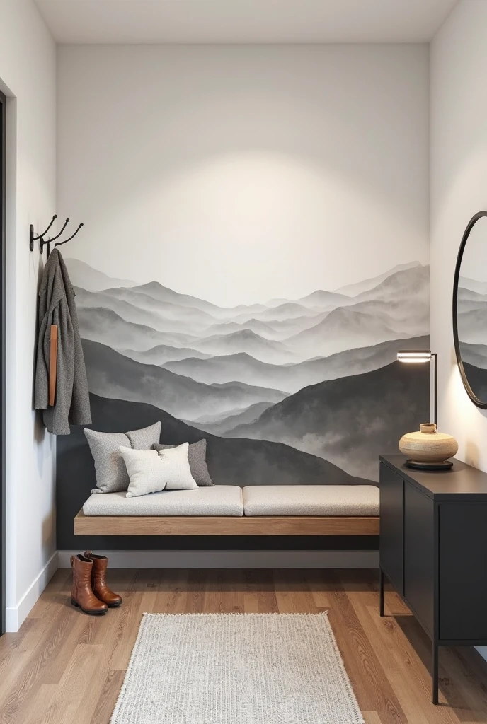modern entryway featuring a soft and dreamy watercolor accent wall painted with a hazy monochrome landscape. The mural spans the main wall and depicts gentle rolling hills and open terrain, layered in soft gradients of gray, charcoal, and white. Wisps of fog drift across the scene, creating depth and a sense of quiet motion. The watercolor brushstrokes are fluid and misty, blending seamlessly to evoke a serene, overcast landscape at dawn. The scene feels minimalist but rich in mood, with no harsh lines—only flowing shapes and subtle transitions.

The entryway features a clean, modern layout. A floating wood bench with a pale gray upholstered cushion sits against the mural wall, styled with two textured pillows in shades of ivory and graphite. Below, a pair of neatly placed boots rest on the natural oak floor, which is softened by a long, woven wool runner rug in light gray tones. Above the bench, a matte black coat rack holds a linen jacket and leather bag. On the opposite wall, a narrow black console table holds a ceramic bowl, a slender lamp with a warm glow, and a minimalist mirror with a rounded rectangular frame. Shot from a high corner angle in portrait orientation, the image captures the mural and furniture layout, creating a calming, sophisticated space grounded in natural texture and muted tones.