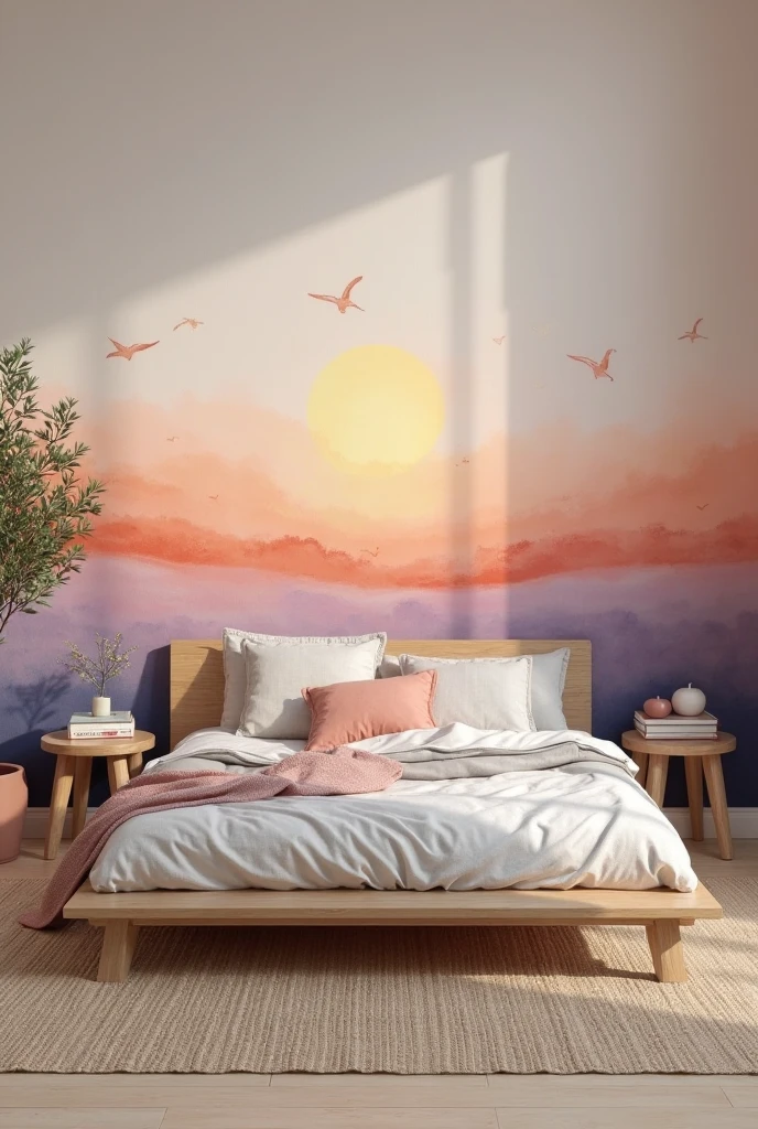 bedroom featuring a soft and dreamy watercolor accent wall painted with a melting sunset gradient. The mural spans the entire back wall, transitioning in seamless watercolor layers from soft coral at the base to tangerine, then to warm lavender and finally fading into a quiet, dusky blue near the ceiling. The colors blend fluidly, evoking the glow of a setting sun disappearing into the horizon. The brushstrokes are delicate and airy, with a misty effect that softens every transition, giving the room a tranquil yet uplifting atmosphere.

A low, natural wood platform bed is centered against the mural, dressed in linen bedding in soft peach, pale gray, and ivory tones. A cluster of pillows in sunset shades is arranged casually at the head. On each side of the bed, small wooden stools act as nightstands, each holding a candle and a stack of books. A woven rug in muted tones stretches beneath the bed on pale oak flooring. A potted olive tree stands in the left corner, its delicate leaves casting faint shadows on the wall. Shot from a high corner angle in portrait orientation, the image captures the mural and full furniture layout, creating a space that feels peaceful, fluid, and artistically alive.
