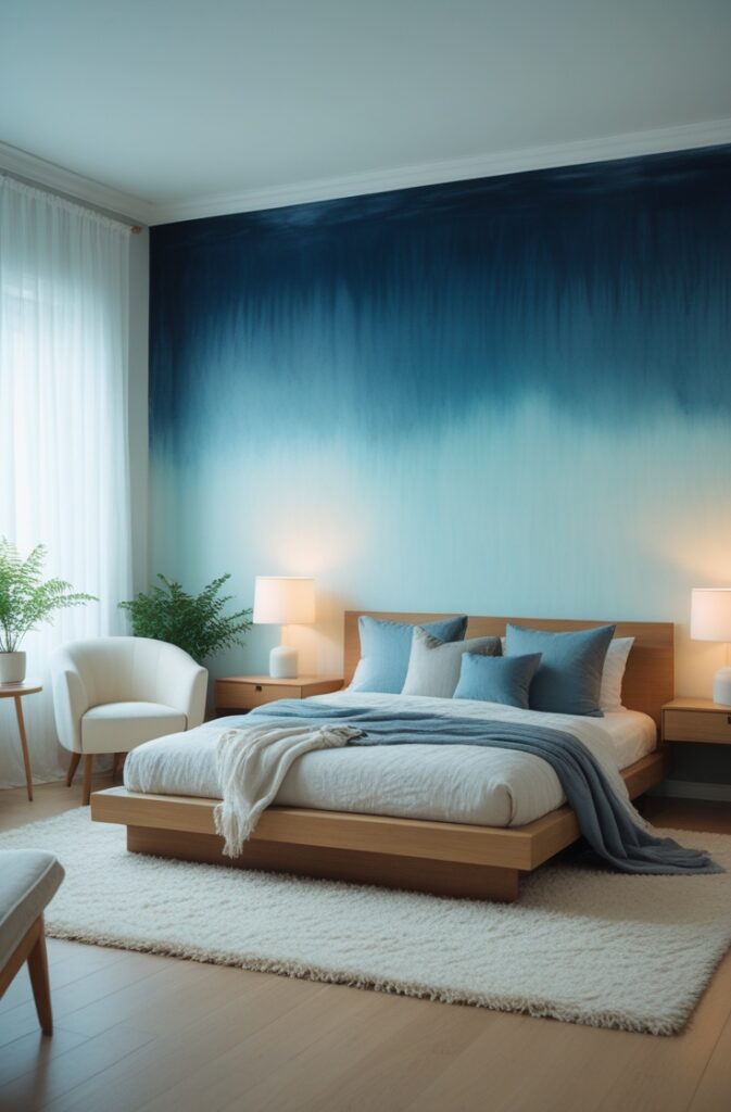 bedroom captured from a wide-angle, slightly elevated portrait viewpoint that reveals the full layout and softness of the space. The focal point is a stunning ombre accent wall that transitions from deep navy at the base to a pale sky blue near the ceiling, with smooth, painterly blending that creates a dreamy, watercolor-like gradient. Centered against the wall is a low-profile platform bed with a natural wood frame and soft white linen bedding, layered with muted blue and gray cushions and a gauzy throw blanket. Floating wooden nightstands on either side hold minimalist ceramic lamps with warm white shades. A soft, textured ivory rug stretches beneath the bed, anchoring the space on pale oak flooring. To the left, a cozy reading nook includes a cream upholstered armchair with a small round side table and a potted fern. Soft natural light filters through sheer white curtains, casting a gentle glow that enhances the wall’s gradient and tranquil atmosphere. The room feels calm, artistic, and deeply restorative.