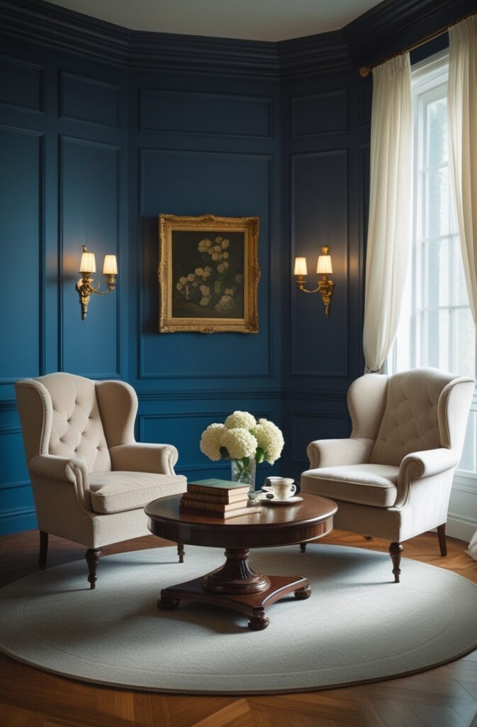 classic living room captured from a wide-angle, slightly elevated portrait viewpoint, revealing the full depth of the space. A bold blue accent wall with full-height traditional panel molding stretches across the background, painted in a rich smoky navy that enhances the architectural detail and adds depth. In front of the wall, a pair of plush armchairs in soft beige velvet with rolled arms and dark wood legs face each other at an angle, centered around a round dark wood coffee table with carved detailing. On the table, a stack of hardbound books, a small vase of white hydrangeas, and a brass tray holding two teacups create a cozy, elegant vignette. A large neutral-toned rug with a subtle classic pattern anchors the seating area on warm oak herringbone flooring. On the blue paneled wall, a pair of antique brass sconces with candle-style bulbs flank a framed oil painting in a gilded frame, enhancing the timeless ambiance. Soft daylight filters in through sheer white curtains, illuminating the textures and rich tones. The room feels tailored, refined, and warmly layered, full of heritage charm.