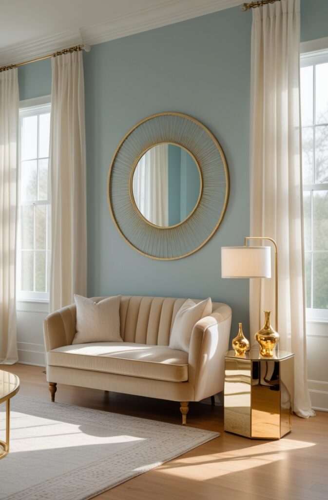 cozy lounge captured from a wide-angle, slightly elevated portrait viewpoint, showcasing a warm and inviting space centered around a bold soft blue accent wall. The accent wall is painted in a gentle powder blue with a matte finish, radiating calmness and subtle elegance. Mounted centrally on the wall is a large, round gold-framed mirror with a delicate sunburst design that reflects natural light streaming through tall windows dressed with sheer white curtains.

Beneath the mirror, a plush velvet loveseat in muted cream sits on a soft textured rug in neutral tones. A gold floor lamp with a slender curved arm and a white fabric shade stands to the side, casting warm ambient light. On a nearby side table with a mirrored gold surface, a small collection of decorative gold objects, including a sculptural vase and candleholders, adds understated glamour. The remaining walls are painted in warm off-white, complementing the accent wall. Hardwood floors in a light natural finish ground the room. The overall atmosphere feels elegant yet relaxed, with the soft blue accent wall and gold accents creating a harmonious, serene retreat.