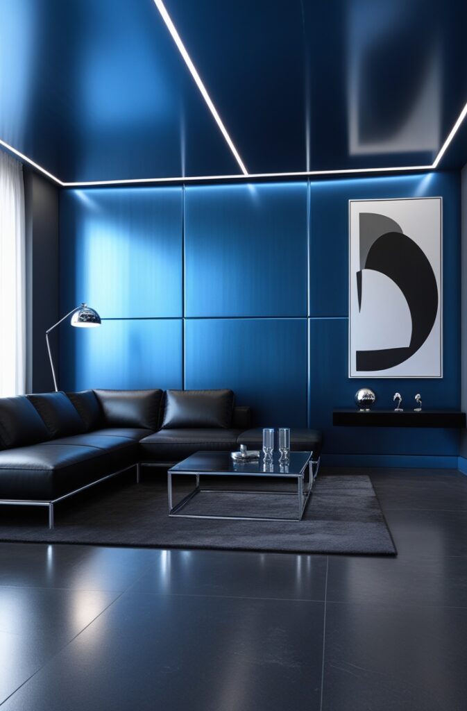 futuristic living room captured from a wide-angle, slightly elevated portrait viewpoint, revealing the full expanse of a bold, cutting-edge interior. The focal point is a striking metallic blue accent wall in brushed cobalt, composed of large metal panels with a soft reflective sheen that catches light and creates a sense of movement across the surface. In front of the wall, a minimalist low-profile black leather sofa with sharp, angular lines sits atop a sleek dark gray polished concrete floor. A geometric glass coffee table with chrome legs is centered in front of the sofa, its transparent surface maintaining the room’s open, airy feel. A thin chrome floor lamp with an arched design and small dome shade stands to the side, casting a focused glow across the space. A large abstract artwork in monochrome tones hangs on the adjacent wall, balancing the intensity of the blue. To the right, a narrow floating shelf in matte black displays a few curated metallic sculptures and a single digital art frame. Soft LED lighting along the ceiling edge accentuates the futuristic feel. The overall room is bold, minimal, and sleek, where every element highlights the dramatic impact of the metallic blue feature wall.