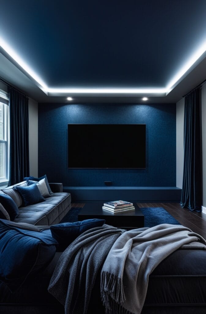 media room captured from a wide-angle, slightly elevated portrait viewpoint, showcasing a cozy, stylish space centered around a bold midnight blue accent wall behind the large flat-screen TV. The accent wall is painted in a deep, matte midnight blue that absorbs light and minimizes glare, creating a perfect cinematic backdrop. The other walls are painted a soft warm gray, enhancing the accent wall’s dramatic presence.

In front of the accent wall, a large, plush sectional sofa upholstered in charcoal gray velvet faces the screen, layered with soft throws in muted blues and charcoal tones. A low black coffee table with a matte finish holds a stack of classic movies and a sleek remote control. Ambient dimmable recessed lighting lines the ceiling edges, casting a warm glow without interfering with screen visibility. Blackout curtains frame the tall windows on the side wall, fully drawn to block outside light. Dark wood flooring with a thick navy area rug underfoot adds warmth and texture. The atmosphere is inviting and immersive, with the midnight blue accent wall as the rich, calming heart of this media sanctuary.