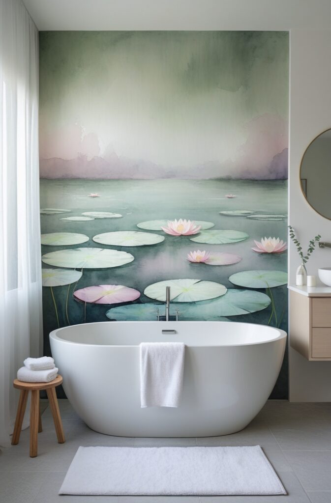 bathroom featuring a full watercolor accent wall inspired by ethereal water lilies. The mural covers the entire wall behind a freestanding white oval soaking tub, painted in soft, flowing layers of pale green, dusty pink, soft blue, and muted lilac. The brushstrokes are gentle and impressionistic, suggesting delicate lily pads floating on calm water with subtle ripples and reflections, and a hazy sky blending into the background. The floor is light gray natural stone with a matte finish, partially covered by a plush white bath mat. To the left of the tub, a slender wooden stool holds neatly folded white towels and a small ceramic dish with bath salts. A tall frosted glass window with sheer white curtains softly diffuses natural light, filling the space with a gentle glow. On the right, a floating light wood vanity with a white vessel sink is mounted against a clean white wall, topped with a small vase of eucalyptus branches and minimalist toiletries. A round mirror with a thin gold frame hangs above the vanity. The image is captured from a high corner angle in portrait orientation, encompassing the full mural, tub, and bathroom details, creating a peaceful, spa-like retreat that feels fresh, airy, and deeply calming.