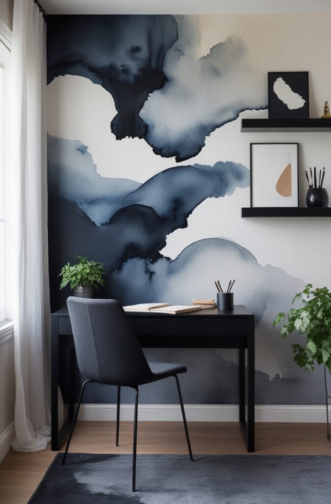 creative studio featuring a dramatic yet soft watercolor accent wall. The entire wall is covered in a moody, abstract mural with flowing layers of inky black, deep navy blue, smoky white, and pale gray. The pigments blend with a fluid, cloud-like motion, forming shapes that feel like shifting mist and ink dispersing in water. The brushstrokes are soft and atmospheric, with dark tones pooling near the base and fading upward into lighter grays and off-whites, creating a thoughtful, introspective mood. A sleek black writing desk with clean lines is positioned against the mural, topped with a closed leather notebook, a small stack of sketchpads, and a matte ceramic cup with brushes. A modern chair in textured charcoal fabric with thin metal legs sits at the desk. The floor is medium-toned oak, partially covered by a deep gray wool rug. On the left, a tall window with sheer white curtains lets in diffused daylight that enhances the mural’s depth. A black-framed floating shelf on the right holds abstract art prints, a small plant in a white pot, and a vintage metronome. Shot from a high corner angle in portrait orientation, the image captures the mural and surrounding furnishings, creating a moody, elegant space perfect for focused creativity.