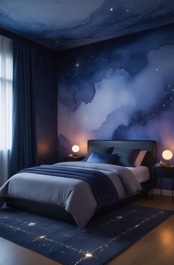 bedroom featuring a large watercolor accent wall inspired by a night sky. The wall spans the entire space behind the bed and is painted in soft, fluid washes of deep indigo, cosmic blue, and dusky violet. The watercolor blends seamlessly, creating a rich, atmospheric background with soft transitions between tones. Flecks of white and touches of silver are scattered gently across the mural, resembling distant stars, constellations, and hints of glowing galaxies, as if the sky is softly shimmering in the dark. The bed is centered against the mural, low-profile with a matte black metal frame and bedding in soft charcoal gray with layered throws in deep blue and dusty lavender. A pair of small, light wood nightstands flank the bed, each holding a spherical lamp with a warm golden glow. The floor is a warm, weathered oak, partially covered by a dark woven rug with subtle metallic threads that catch the light. To the left, a tall window dressed in sheer navy curtains filters in soft moonlight. A reading nook sits in the right corner, with a rounded midnight blue armchair and a small black side table holding a celestial-themed book. The image is shot from a high corner angle in portrait orientation, capturing the full mural, furnishings, and lighting, creating a magical, contemplative space that feels like falling asleep under a painted universe.
