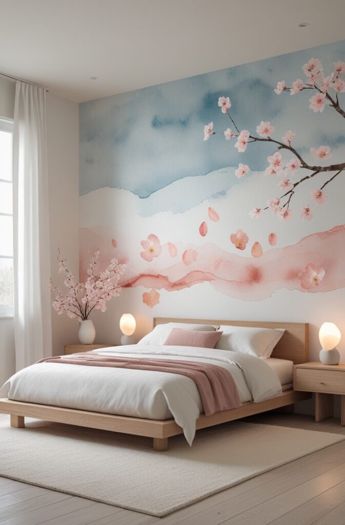 bedroom featuring a watercolor accent wall inspired by the delicate mood of cherry blossom season, reimagined in a more abstract, atmospheric style. The mural spans the full wall behind the bed, with soft, translucent washes of pale sky blue and milky white layered in a horizontal drift, resembling morning light breaking through light clouds. Instead of distinct blossoms, the mural features dreamy, petal-like brushstrokes in faded blush, warm rose, and muted coral, scattered like a gentle breeze carried them across the sky. Some petals appear to dissolve into the background, giving the illusion of depth and movement, while faint, branching strokes in pale taupe anchor the design subtly in nature. The bed is low-profile, framed in warm ash wood and layered with white linen bedding and a dusty rose quilt. Matching floating nightstands hold small sculptural ceramic lamps with warm lighting. A light cream rug lies underfoot on whitewashed wooden floors. To the left, a sheer white curtain covers a tall window, allowing soft natural light to enhance the pastel hues of the mural. In the corner, a round stool with a vase of real cherry blossom branches adds a delicate, organic touch. Shot from a high corner angle in portrait orientation, the image captures the full mural and furnishings, creating a calm, elegant space filled with the essence of spring.