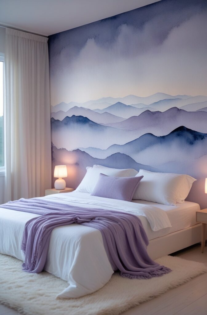 bedroom featuring a large watercolor accent wall depicting dusky mountain layers at dusk. The mural stretches across the entire wall behind the bed, showcasing softly blended silhouettes of mountains in gradients of muted blues, gentle lavenders, and dusty grays that fade gracefully into a pale twilight sky. The watercolor technique is evident in flowing brushstrokes and smooth color transitions that create a dreamy, ethereal atmosphere, evoking the peacefulness of watching distant peaks dissolve into evening haze. The bed is low and inviting with crisp white linens layered with soft lavender and dusty blue throw blankets and pillows that complement the mural’s palette. Minimalist nightstands in light natural wood sit on either side of the bed, topped with delicate ceramic lamps emitting warm, soft light through linen shades. Floor-to-ceiling sheer curtains in off-white diffuse cool dusk light filtering through a tall window on the left. The pale wooden floor is partially covered by a plush, cream rug adding warmth and texture. The image is shot from a high corner angle, capturing the expansive mural, the bed, and the gentle light filling the room, creating a calm and contemplative space that feels like a peaceful retreat at twilight.