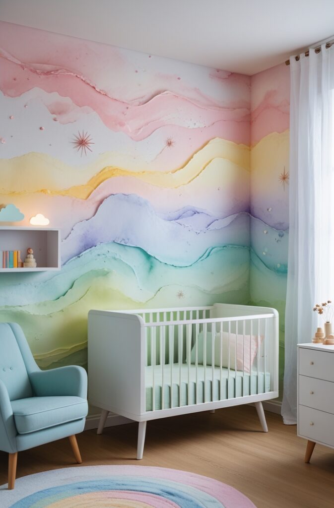 nursery with a unique watercolor accent wall. The entire wall behind the crib is painted in soft, swirling layers of pastel pink, mint green, buttery yellow, sky blue, and lavender, blending in a cloud-like drift with delicate watercolor textures. Within the color wash, subtle abstract details like floating starbursts, translucent bubbles, and gentle curved lines create a whimsical, airy effect, as if the wall itself is moving with imagination. A white wooden crib with rounded edges sits centered, styled with soft pastel bedding and a folded mint blanket. The floor is light oak wood with a plush round rug in watercolor-inspired rainbow tones. To the left, a pale blue armchair with wooden legs sits beside a white floating shelf holding pastel books and a glowing cloud-shaped nightlight. On the right, a white dresser holds wooden stacking toys and a small vase with dried flowers. A tall window with sheer white curtains lets in soft, natural light that enhances the mural’s delicate tones. Shot from a high corner angle in portrait orientation, the image captures the full wall, crib, and surrounding decor, creating a peaceful and imaginative space filled with gentle color and light.