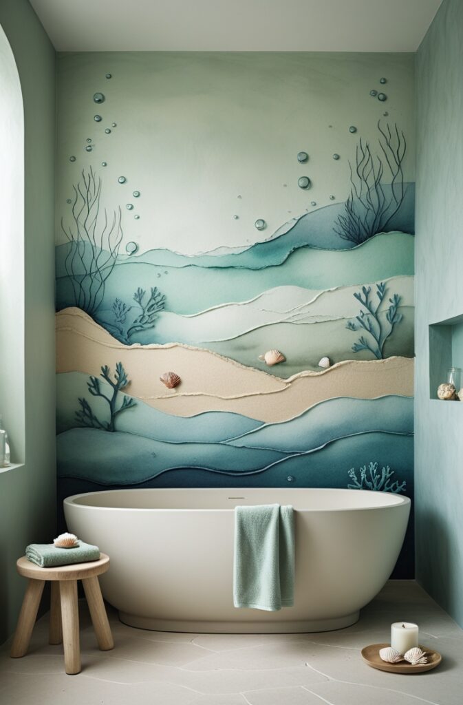 bathroom featuring a soft watercolor accent wall inspired by the ocean floor. The mural spans the entire wall beside the bathtub and depicts an abstract yet recognizable underwater seascape. Gentle watercolor brushstrokes form flowing sea plants, soft coral structures, and delicate outlines of sand ripples in overlapping layers of pale turquoise, seafoam green, soft indigo, and muted lavender. Bubbles rise in uneven trails through the composition, while silhouettes of seashells and starfish are subtly embedded in the sand-colored base. The entire mural has a dreamy, submerged quality, with all elements gently blurred as if viewed through calm water. The shapes feel both organic and artistic, suggesting depth and movement without being overly literal.

In front of the mural, a freestanding matte white bathtub with rounded contours sits slightly off-center. A small natural wood stool rests beside it, topped with a folded sage towel, a burning candle, and a ceramic bowl of bath salts. The floor is smooth, pale stone with soft veining. On the left, a tall frosted window lets in diffused daylight that highlights the mural’s layered textures. On the right, a recessed niche holds a few rolled towels, seashells, and a glass jar. Shot from a high corner angle in portrait orientation, the image captures the entire room and mural, evoking the calm, immersive beauty of the ocean floor.