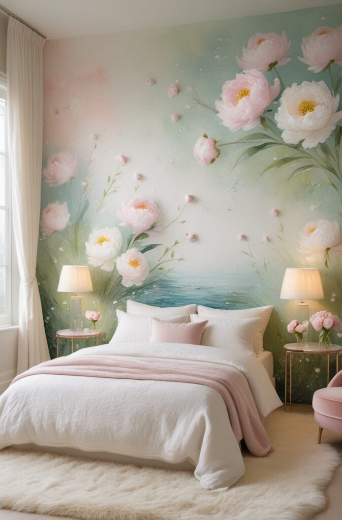 tranquil bedroom featuring a full accent wall painted in a soft, airy Monet-inspired watercolor style. The wall is covered with an impressionistic garden scene of small, delicate peony blossoms in pastel hues—blush pink, pale peach, lavender, and muted sage—scattered gracefully across the surface. The flowers are painted with loose, flowing brushstrokes that blend gently into a dreamy background of soft washes in creamy whites, light greens, and subtle sky blues, evoking the shimmering light and color layering characteristic of Monet’s work. Complementing the peonies are abstract suggestions of leafy branches, soft grasses, and gentle ripples of water, all rendered with a fluid, almost misty texture that adds depth and movement to the scene. The bed, positioned centrally, is dressed in airy white and blush linen bedding with a subtle, natural weave texture. Sleek rose gold nightstands with minimalistic design hold lamps with sheer fabric shades that emit a warm, diffused glow. Floor-to-ceiling off-white sheer linen curtains soften the natural light flooding through a tall window. Pale wooden floors are partially covered by a cream-colored plush rug, adding warmth and softness. A blush velvet armchair with smooth, rounded edges sits near the window beside a small table holding a simple glass vase with fresh pastel peonies, mirroring the wall’s palette. The image is shot from a high corner angle capturing the entire mu
