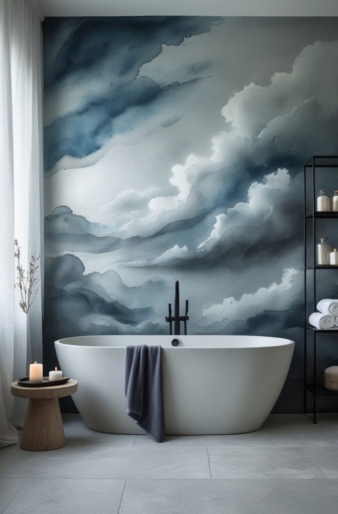 bathroom featuring a soft watercolor accent wall painted with dreamy storm cloud imagery. The mural spans the entire wall behind the bathtub, with delicate layers of slate blue, dove gray, and muted silver blending in soft, swirling strokes. The watercolor technique creates a cloudy sky in motion, with diffused edges and subtle tonal shifts that suggest wind and mist. The composition is abstract and weightless, evoking the feeling of standing beneath a calm, distant storm without heaviness.

A freestanding matte white bathtub with gentle curves is centered against the mural, sitting on a pale gray stone floor with a natural finish. Next to the tub, a small round wooden stool holds a burning candle, a folded dark gray towel, and a ceramic dish with bath salts. To the left, a tall window with sheer white curtains lets in soft, filtered daylight that highlights the mural’s texture and color variation. On the right side of the room, an open black metal shelf holds neatly rolled towels, glass jars, and a small stone vase with dried stems. Shot from a high corner angle in portrait orientation, the image captures the entire mural and furnishings, creating a quiet, introspective space filled with soft movement and stormy elegance.