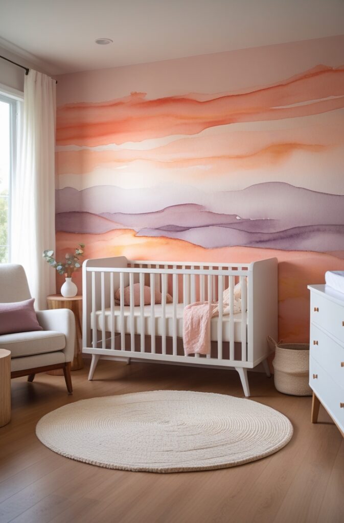 nursery with a dreamy watercolor accent wall inspired by a sunset sky. The entire wall behind the crib is painted in sweeping, fluid washes of coral, peach, mauve, and dusty lavender, blending gently together in a soft gradient that mimics the sky during golden hour. The colors melt into each other with translucent, watercolor brushstrokes, creating a soothing and ethereal atmosphere. In front of the mural, a white wooden crib with slim, rounded slats is centered, dressed in pale peach and cream bedding with a loosely draped muslin blanket. The floor is warm, pale oak wood, partially covered by a plush round cream rug. To the left of the crib is a cozy armchair upholstered in natural linen, with a mauve throw pillow, next to a small round wooden table holding a soft-glow ceramic lamp. On the right, a low white dresser holds a few neatly folded baby clothes, a woven basket, and a small glass vase with a single eucalyptus stem. A tall window on the far left wall is dressed with sheer white curtains, allowing golden light to filter in and gently illuminate the pastel mural. The image is shot from a high corner angle that captures the entire wall, crib, and furnishings in a portrait-friendly composition, creating a serene, tender space that feels like the last quiet breath of sunset.