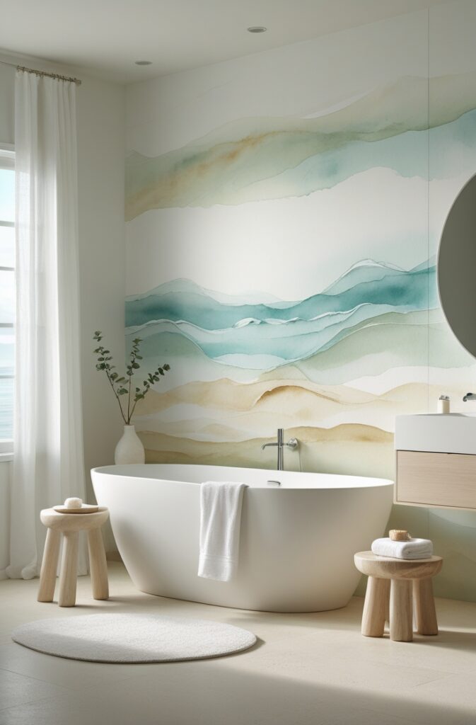 coastal-inspired bathroom featuring a full watercolor accent wall titled "Washes of Ocean Mist." The mural covers the entire back wall and is painted in soft, flowing layers of pale aqua, sandy beige, seafoam green, and hints of misty blue. The watercolor blends seamlessly with delicate brushstrokes and translucent gradients, evoking the tranquil feeling of early morning mist drifting in from the ocean. The bathroom features a freestanding white oval soaking tub centered against the mural, with soft curves that echo the gentle motion of the sea. A pale wood stool sits beside the tub, holding a folded white towel and a small ceramic dish with sea salt. The floor is made of light sandy-toned stone, smooth and natural, extending throughout the space. On the left, a tall window with sheer white linen curtains lets in diffused sunlight that gently lights the mural and enhances its airy, dreamlike quality. On the right, a minimalist floating vanity in light wood with a white basin sink is mounted against a clean white wall, with a frameless mirror above reflecting the ocean tones. A few coastal-inspired touches, like a woven basket, a driftwood branch, and a glass vase with eucalyptus sprigs, complete the look. The image is shot from a high corner angle, capturing the entire mural, the tub, and the surrounding details, creating a calm, fresh, and peaceful ocean-inspired sanctuary