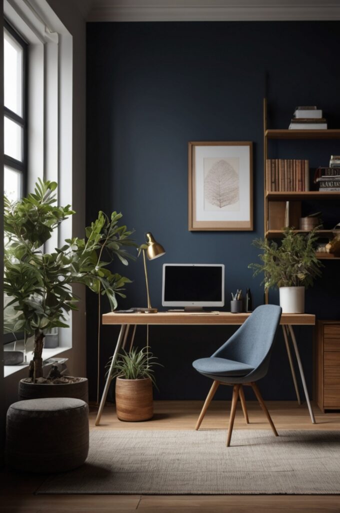 home office captured from a slightly elevated portrait viewpoint looking diagonally across the room, emphasizing a deep, inky blue accent wall that fills the background with a moody, grounded atmosphere. In front of the wall stands a warm-toned wooden desk with smooth surfaces and clean lines, its natural grain clearly visible and rich in texture. On the desk sits an open notebook, a sleek laptop with a subtle glow from the screen, a steaming cup of coffee in a ceramic mug placed near the right corner, and a small brass desk lamp casting a focused pool of light. To the left of the desk, a tall, narrow bookshelf made of matching wood holds neatly arranged books, framed minimalist artwork, and a small green plant in a white pot, adding curated warmth and intentionality to the space. The floor is light hardwood, complementing the desk’s tone and contrasting softly with the dark wall. Soft natural light filters through an unseen window on the right, creating gentle highlights on the desk’s surface and subtle shadows that deepen the room’s contemplative vibe. The overall composition balances deep blue elegance with natural textures, crafting an inspiring, focused home office perfect for productive work sessions.