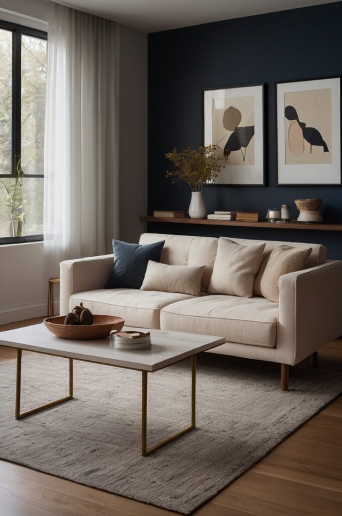 minimalist living room shot from a slightly elevated angle showing a bold navy blue accent wall that dominates the background, its deep rich hue providing a strong and sophisticated anchor. The adjacent walls are crisp white, smooth and clean, enhancing the minimalist aesthetic. Centered against the navy wall is a cozy beige sofa with soft, inviting fabric upholstery and simple, clean lines. On the floor, a light natural wood plank surface extends across the room, adding warmth and grounding the space. Warm wood accents appear as a slender, mid-century modern side table to the right of the sofa and a floating shelf above it holding a small potted green plant and a few tasteful decor pieces. Soft natural daylight filters gently through unseen windows, casting subtle, realistic shadows that emphasize the texture of the sofa and the smoothness of the walls. The overall composition balances calm, confidence, and modern elegance in a minimalist living room with carefully curated colors and materials