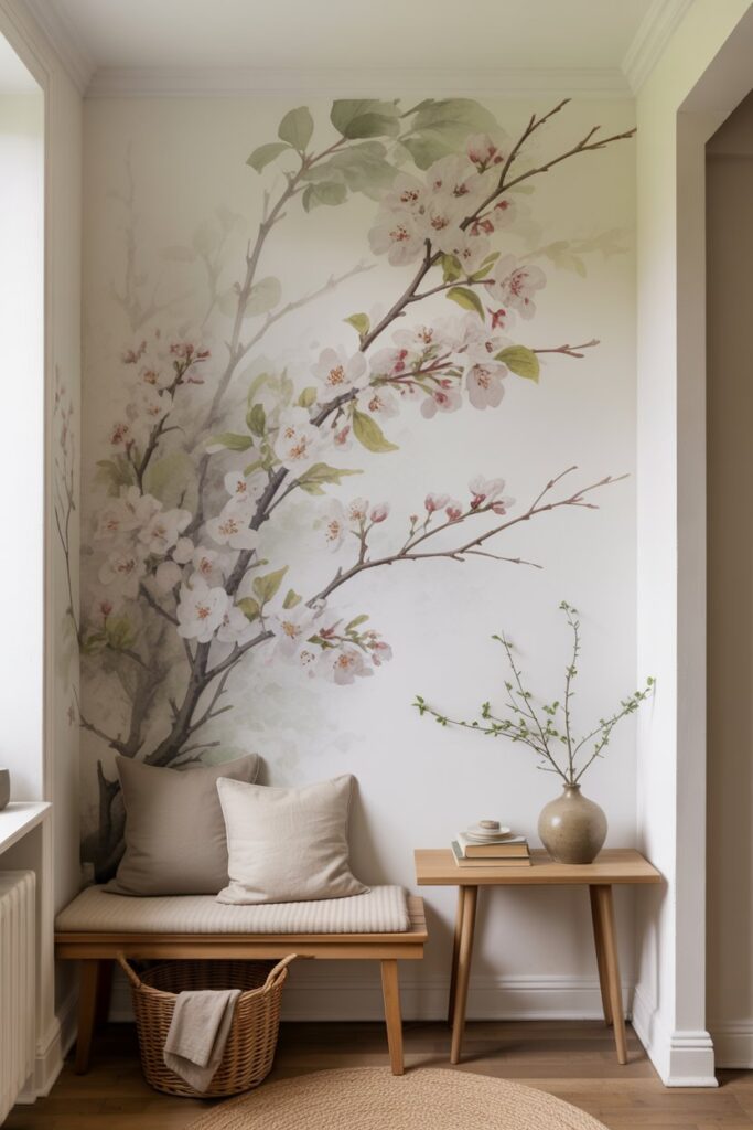 serene hallway featuring a soft and dreamy watercolor accent wall adorned with blooming branches. The mural spans the length of one wall, painted in delicate, loose watercolor strokes that depict a few graceful branches in bloom. Each branch stretches horizontally across the pale background, with soft pink and white blossoms suggesting cherry or magnolia, their petals semi-transparent and gently fading at the edges. Hints of sage green leaves and fine brown twigs add contrast without heaviness. The blossoms appear to float, capturing the quiet elegance of early spring, like nature caught in a still breath.

The hallway is narrow and warmly lit with natural light from a small window at the end. Along the mural wall, a low wooden bench with a light beige cushion and two soft linen pillows rests beneath the blooming branches. A woven basket sits beside it, holding a folded throw. Across from the mural, a slim console table in warm oak displays a ceramic vase with freshly cut branches and a small stack of books. The floor is natural oak with a long, soft wool runner in ivory. Shot from a high corner angle in portrait orientation, the image captures the entire hallway and mural in one elegant, calming composition.