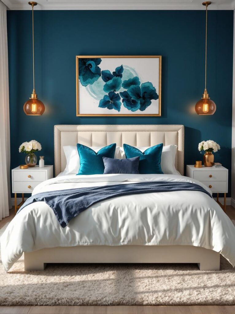 glam bedroom captured from a low angle near the foot of the bed, emphasizing the rich peacock blue accent wall behind the headboard. The deep jewel-toned blue wall radiates luxurious elegance, serving as a bold backdrop that anchors the space. Centered against the wall is a large bed with a plush white duvet, topped with an arrangement of velvet throw pillows in varying shades of peacock blue and deep teal, their soft textures catching the light. On either side of the bed, above the minimalist white nightstands, hang two softly glowing pendant lights with warm amber hues, positioned symmetrically at eye level to cast a balanced, cozy glow over both sides of the bed. Above the bed, a large gold-framed piece of abstract art gleams subtly against the rich wall color. The floor is covered with a thick ivory shag rug that adds softness and warmth underfoot. Each nightstand features small gold accents such as drawer handles and delicate vases holding fresh white flowers. Natural light filters gently through sheer white curtains, highlighting the interplay of jewel tones and metallics, creating a decadent yet welcoming glam retreat.