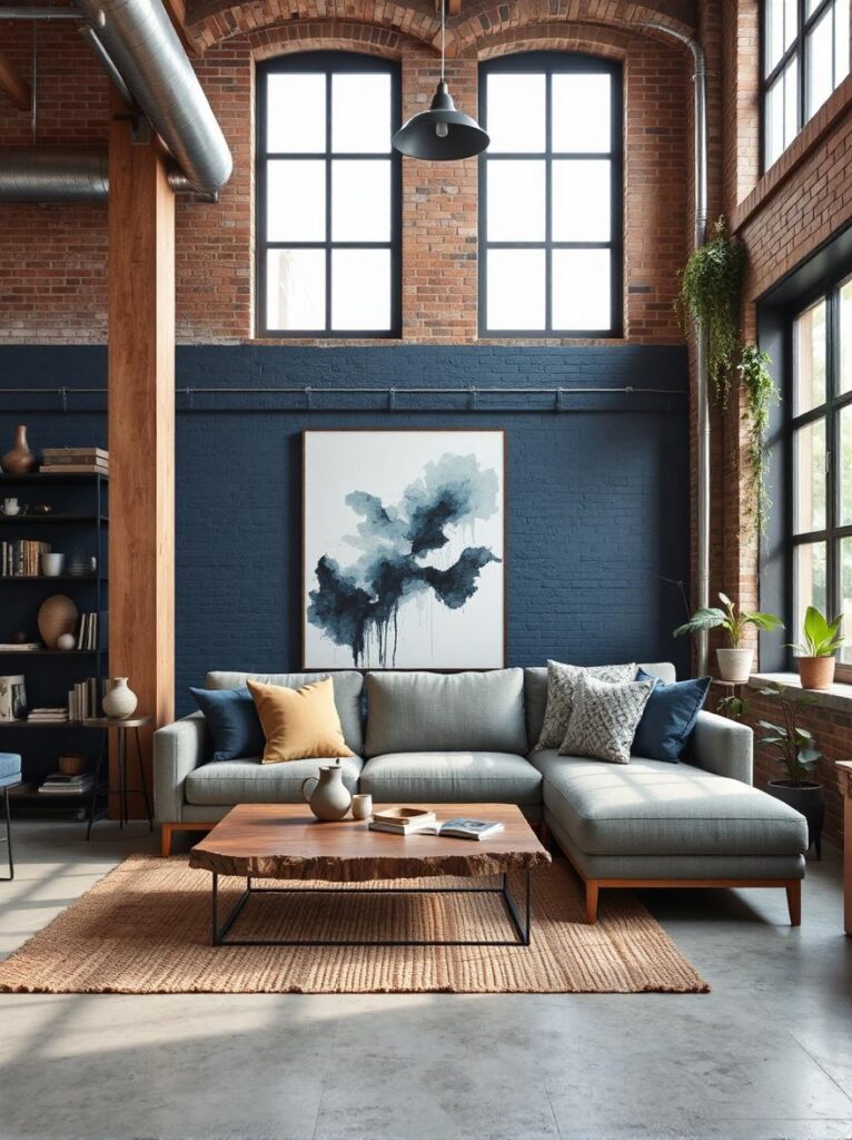 city loft captured from a wide-angle, slightly elevated portrait viewpoint, showcasing a spacious open-plan room with a bold blue brick accent wall that stretches across the background. The exposed brick is painted in a rich, matte navy blue, allowing the rugged texture and mortar lines to remain visible, adding depth and character. In front of the wall stands a contemporary low-profile sectional sofa in warm gray fabric, layered with textured pillows in deep blue, beige, and charcoal. A reclaimed wood coffee table with raw edges and black metal legs sits on a large woven jute rug, grounding the seating area. To the left, a tall black metal bookshelf holds a mix of books, ceramics, and trailing green plants that soften the space. On the blue brick wall hangs a large abstract art piece in white and neutral tones, creating contrast against the deep color. Exposed ductwork and steel beams run across the ceiling, emphasizing the loft’s industrial roots. Light pours in through tall factory-style windows off-frame, casting dramatic shadows and highlighting the interplay between texture and color. The room feels bold, warm, and artfully balanced between raw architecture and modern design.
