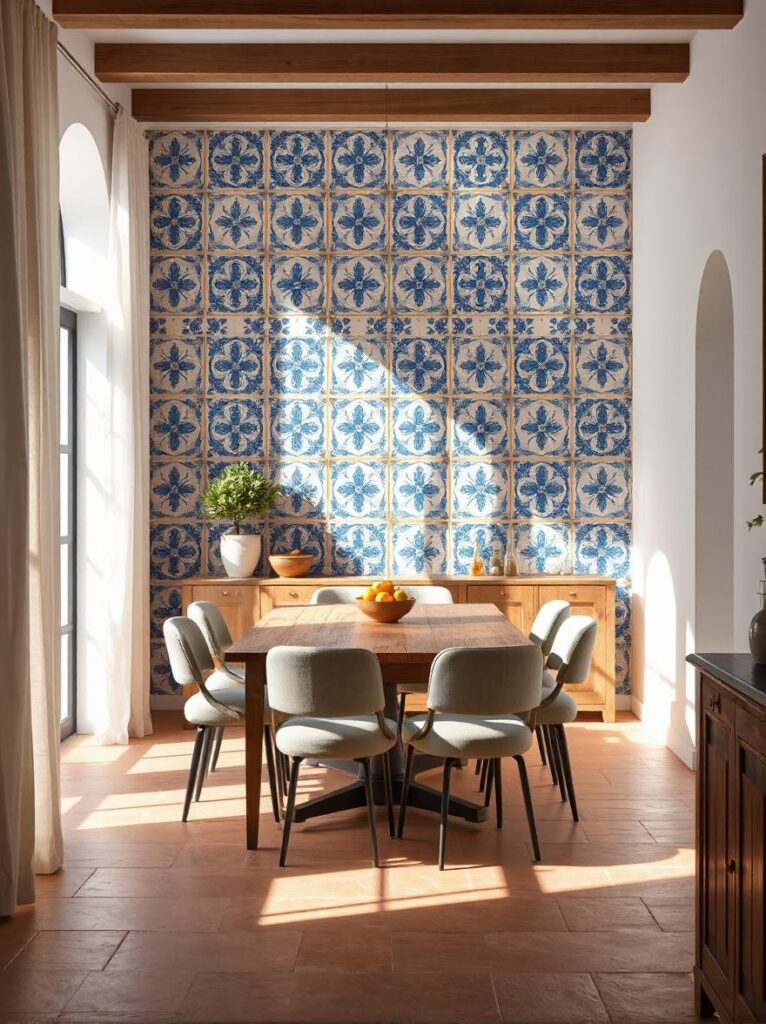 dining room captured from a wide-angle, slightly elevated portrait viewpoint, centered around a bold blue accent wall featuring a Mediterranean tile-inspired mural. The mural spans the entire wall and is designed to resemble a continuous surface of hand-painted ceramic tiles, showcasing intricate patterns in cobalt, indigo, and white. The designs include scrolling vines, symmetrical floral motifs, and classic Mediterranean geometric shapes, all painted with fine detail and a weathered texture that evokes old-world craftsmanship.

In front of the mural, a rustic wooden dining table with a natural, slightly distressed finish is surrounded by six upholstered chairs in soft linen beige with black metal legs. A ceramic bowl with citrus fruits sits at the center of the table. The floor is terracotta tile, adding warmth and texture to the room. The adjacent walls are painted soft ivory, creating contrast and allowing the mural to remain the focal point. A narrow sideboard with antique brass handles stands against the opposite wall, topped with vintage glassware and a small potted olive tree. Sunlight streams in through tall, arched windows dressed with light linen curtains, casting soft shadows that enhance the mural’s depth and intricate detail. The space feels timeless, sun-drenched, and full of Mediterranean charm.
