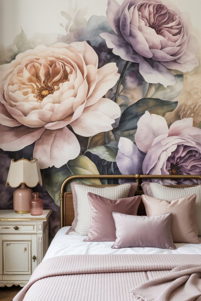 vintage-inspired bedroom featuring a soft and cozy watercolor accent wall with oversized floral imagery. The mural spans the entire wall behind the bed, painted in warm, blurred washes that depict large, loosely formed roses. The flowers are rendered in soft tones of dusty rose, smoky gray, pale plum, and muted mauve, with petals that gently dissolve into the creamy background. The watercolor technique is extra soft, with velvety transitions between colors and no hard edges, giving the entire wall a comforting, cloudlike effect—more like a memory than a painting.

The bed, placed in the center of the mural, features a warm brass frame with gentle curves. It’s dressed in textured linen bedding in off-white, rose, and lavender tones, with a rumpled quilt and seven layered pillows in various muted floral shades. A knit throw is loosely draped at the foot. On the left, a vintage whitewashed side table holds a small ceramic lamp with a scalloped linen shade and a pink glass vase with dried eucalyptus. The floor is medium oak, partially covered by a soft, faded rug with floral details. Sheer ivory curtains let in natural light from a tall window on the left, casting a warm glow over the room. Shot from a high corner angle in portrait orientation, the image captures the full mural and space, evoking a sense of softness, warmth, and timeless romance.